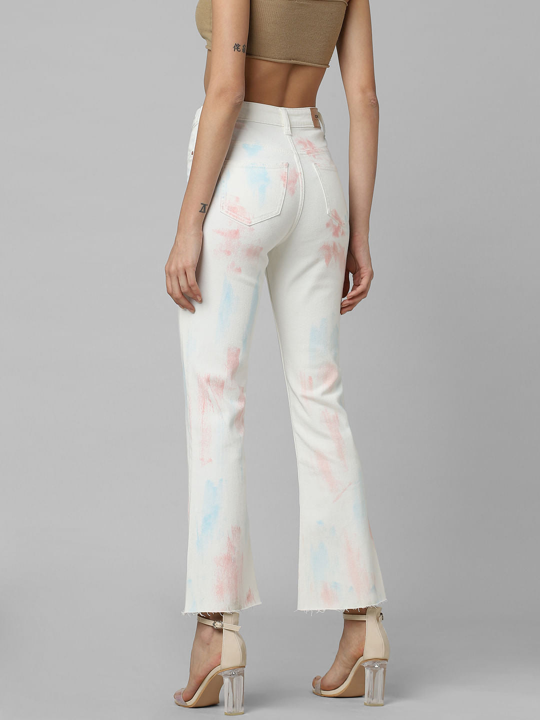 White Mid Rise Tie-Dye Bootcut Jeans
