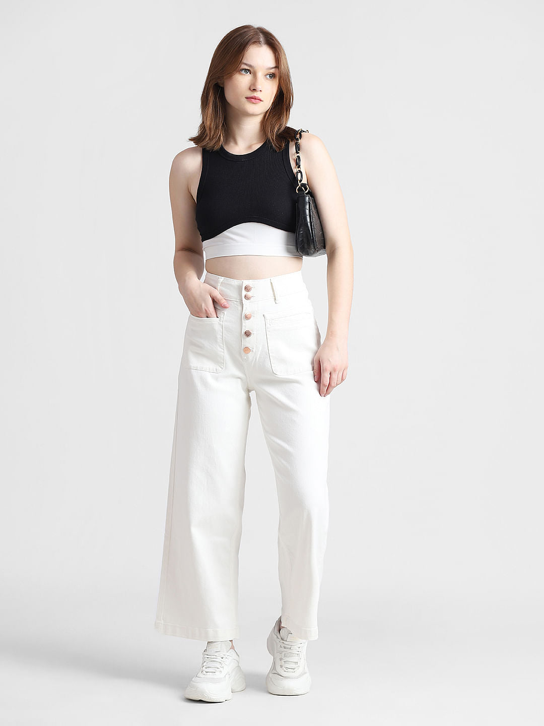White High Rise Button Front Wide Leg Jeans