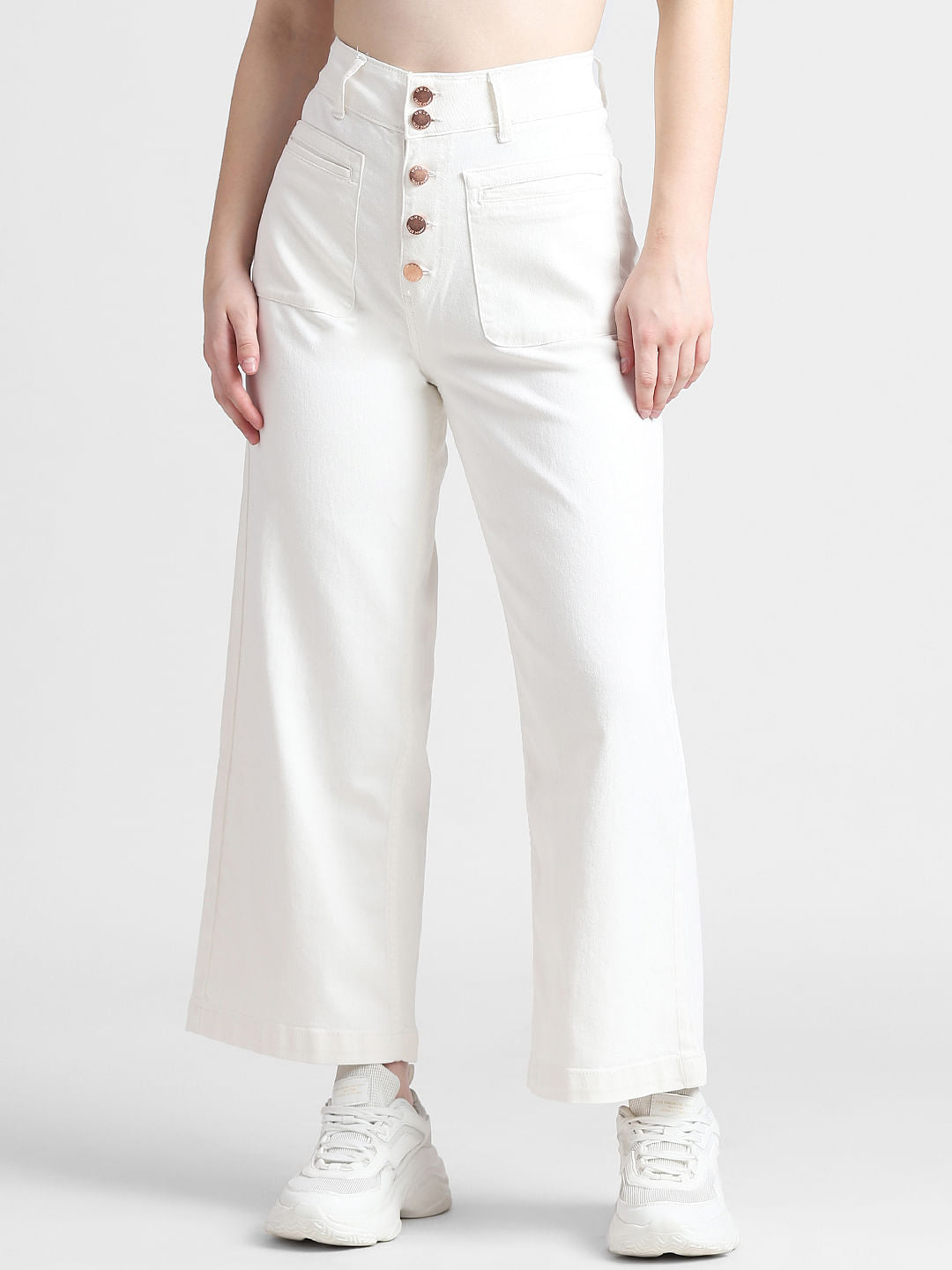 White High Rise Button Front Wide Leg Jeans