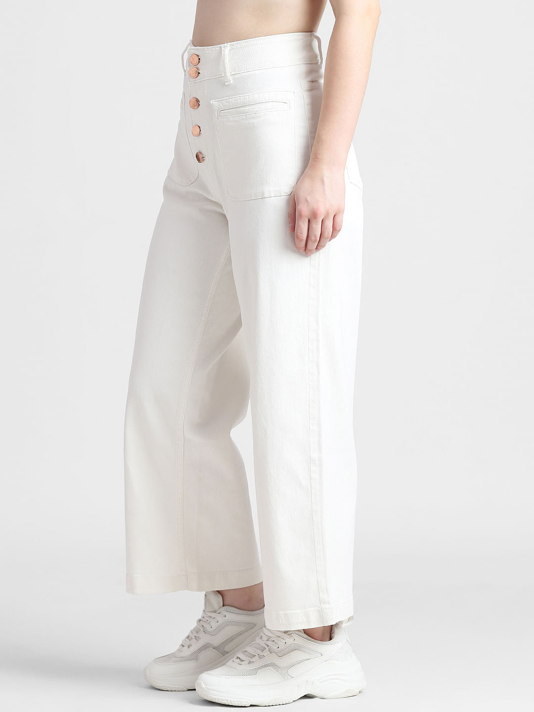 White High Rise Button Front Wide Leg Jeans
