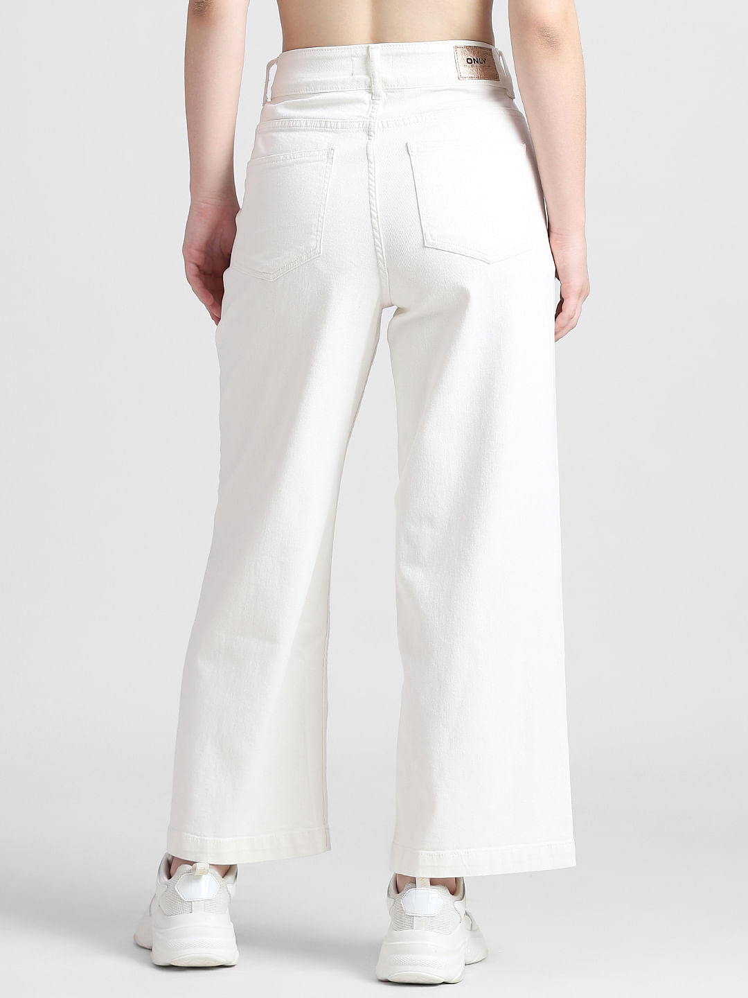 White High Rise Button Front Wide Leg Jeans
