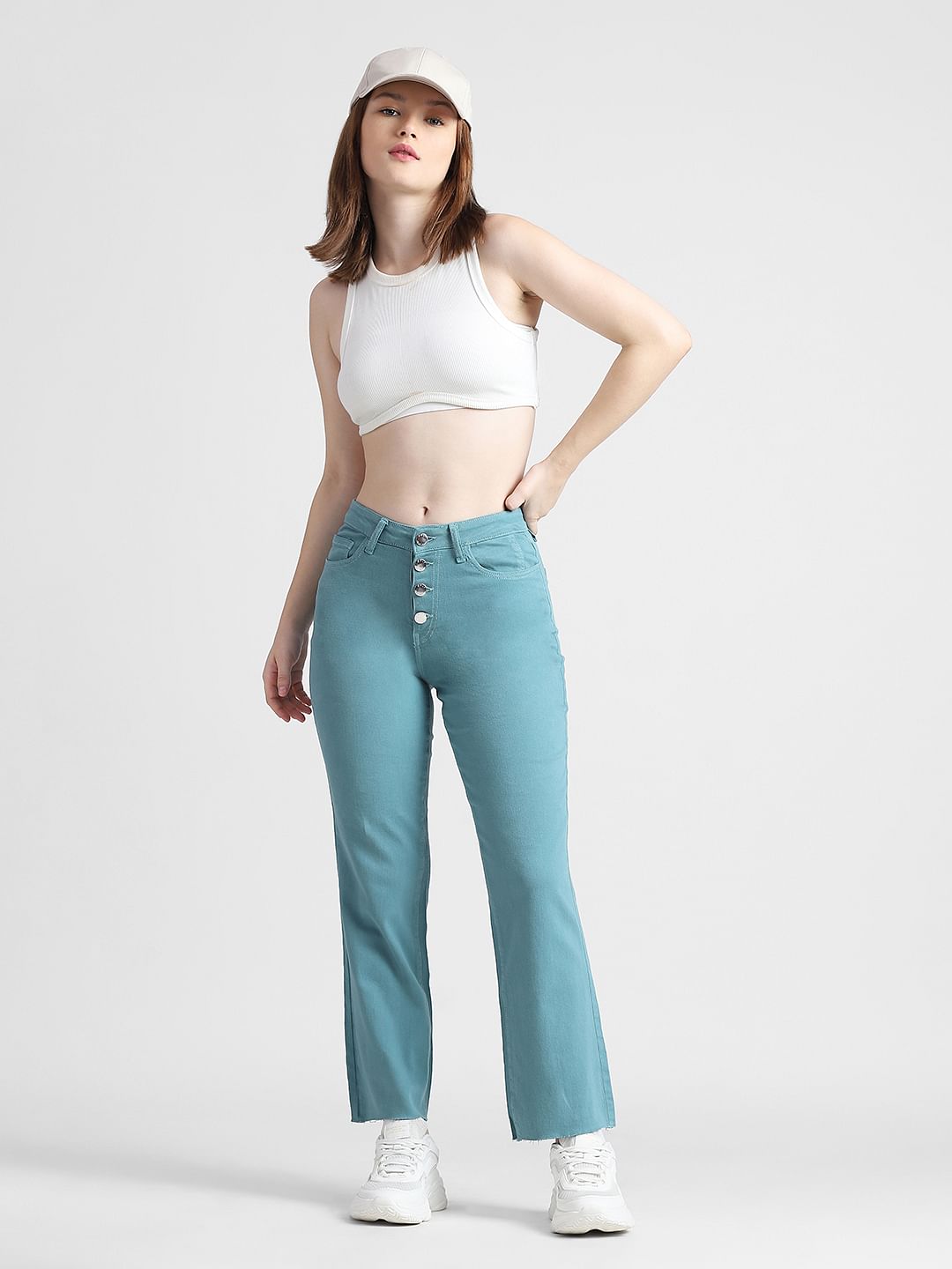Green Mid Rise Wide Leg Slim Jeans
