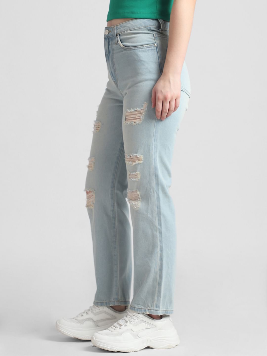 Light Blue Heavily Distressed Mom Fit Jeans