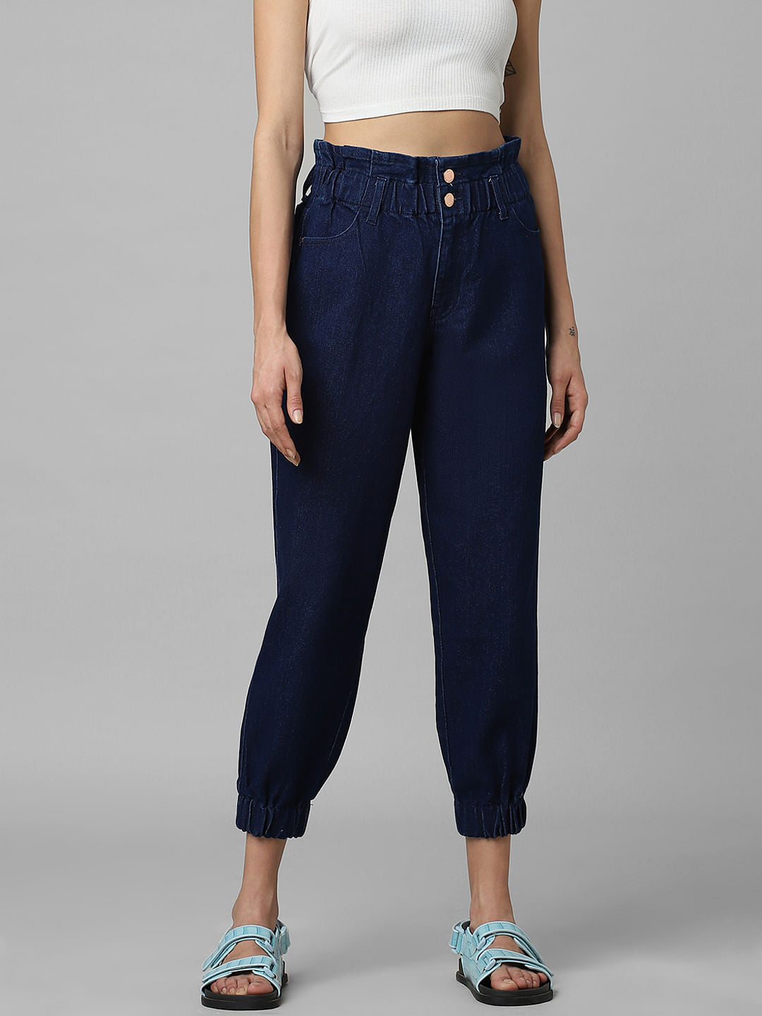 Dark Blue High Rise Denim Joggers