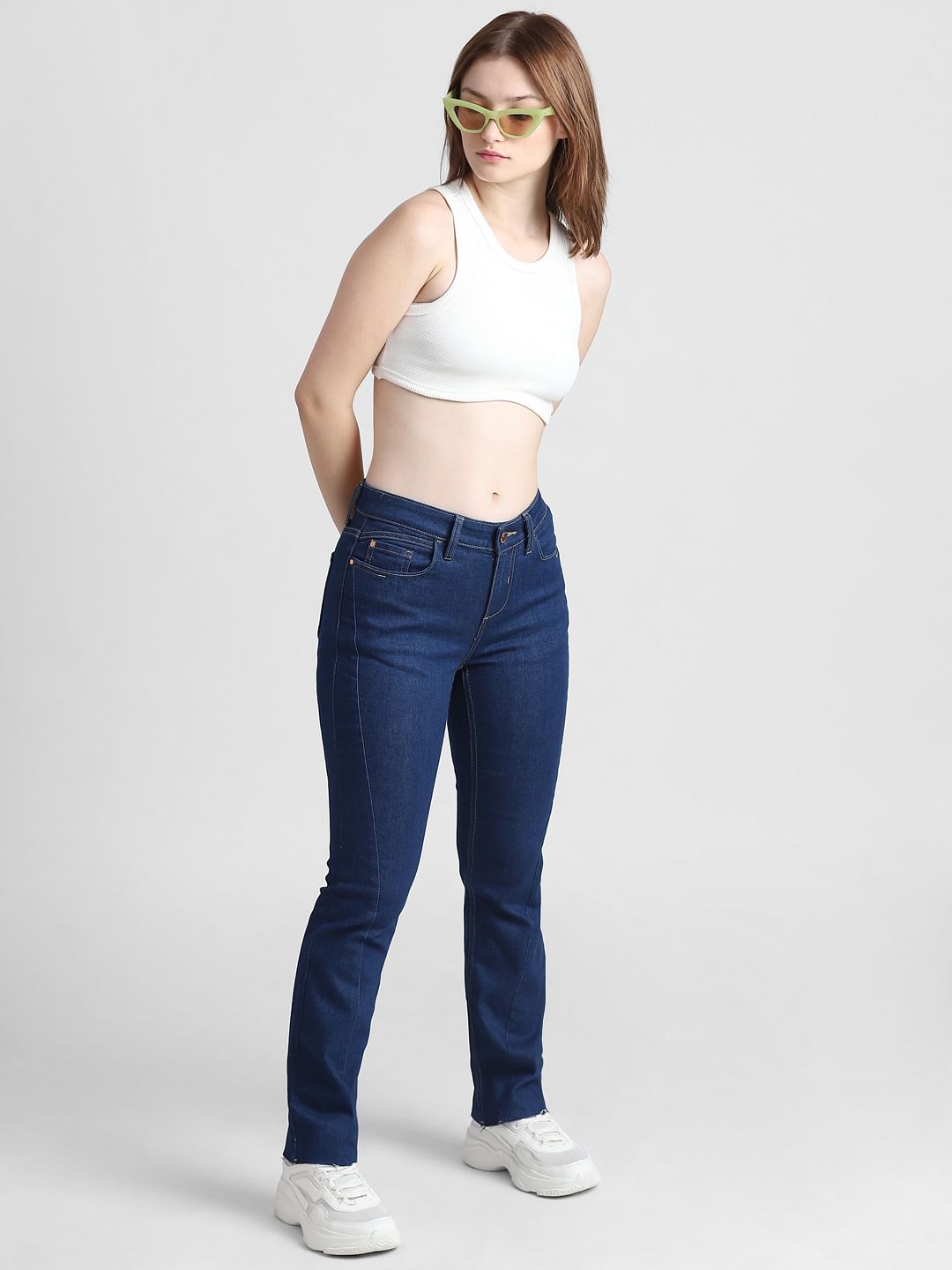 Dark Blue Mid Rise Flared Fit Jeans