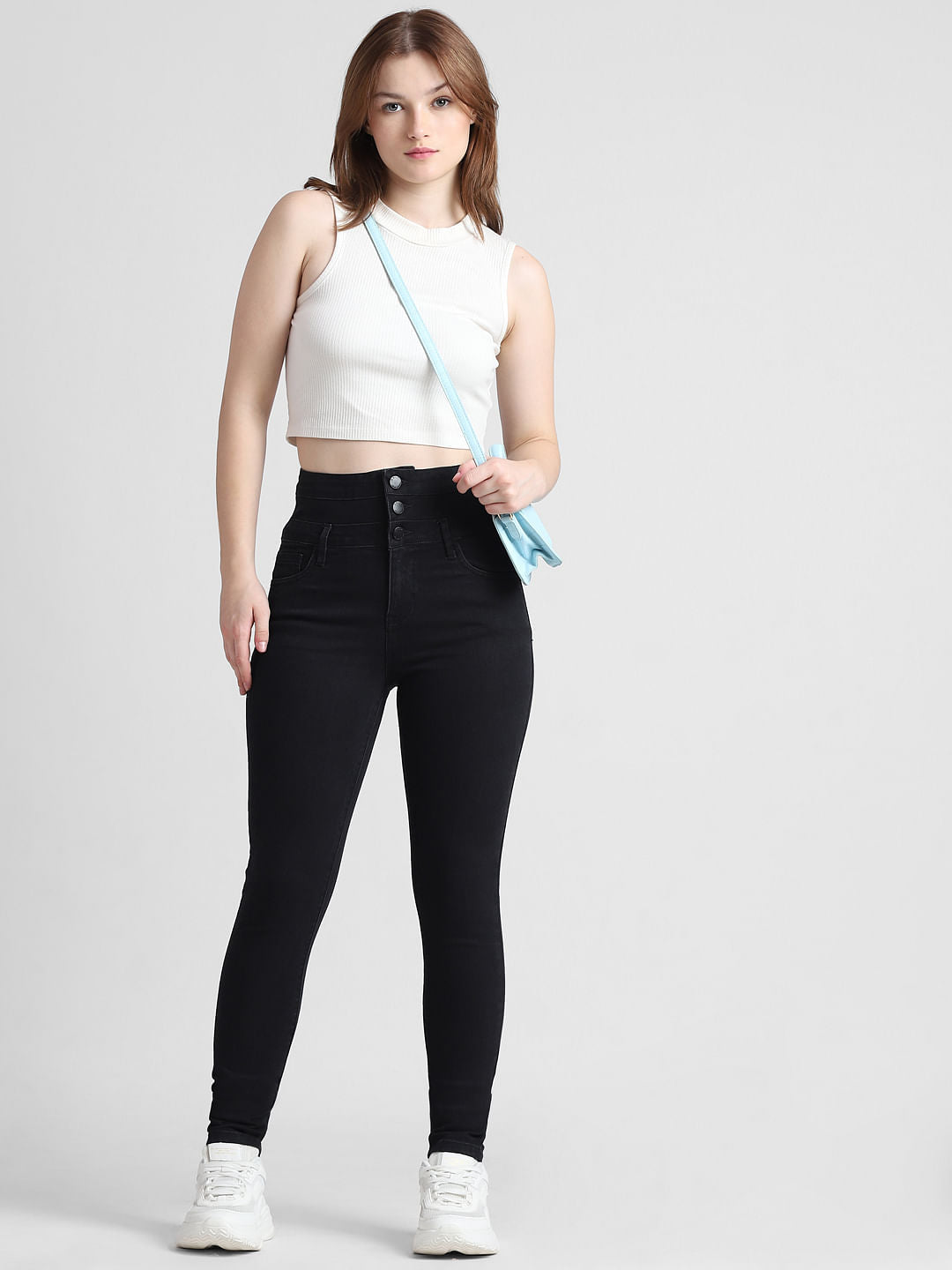 Black High Rise Buttoned Skinny Jeans