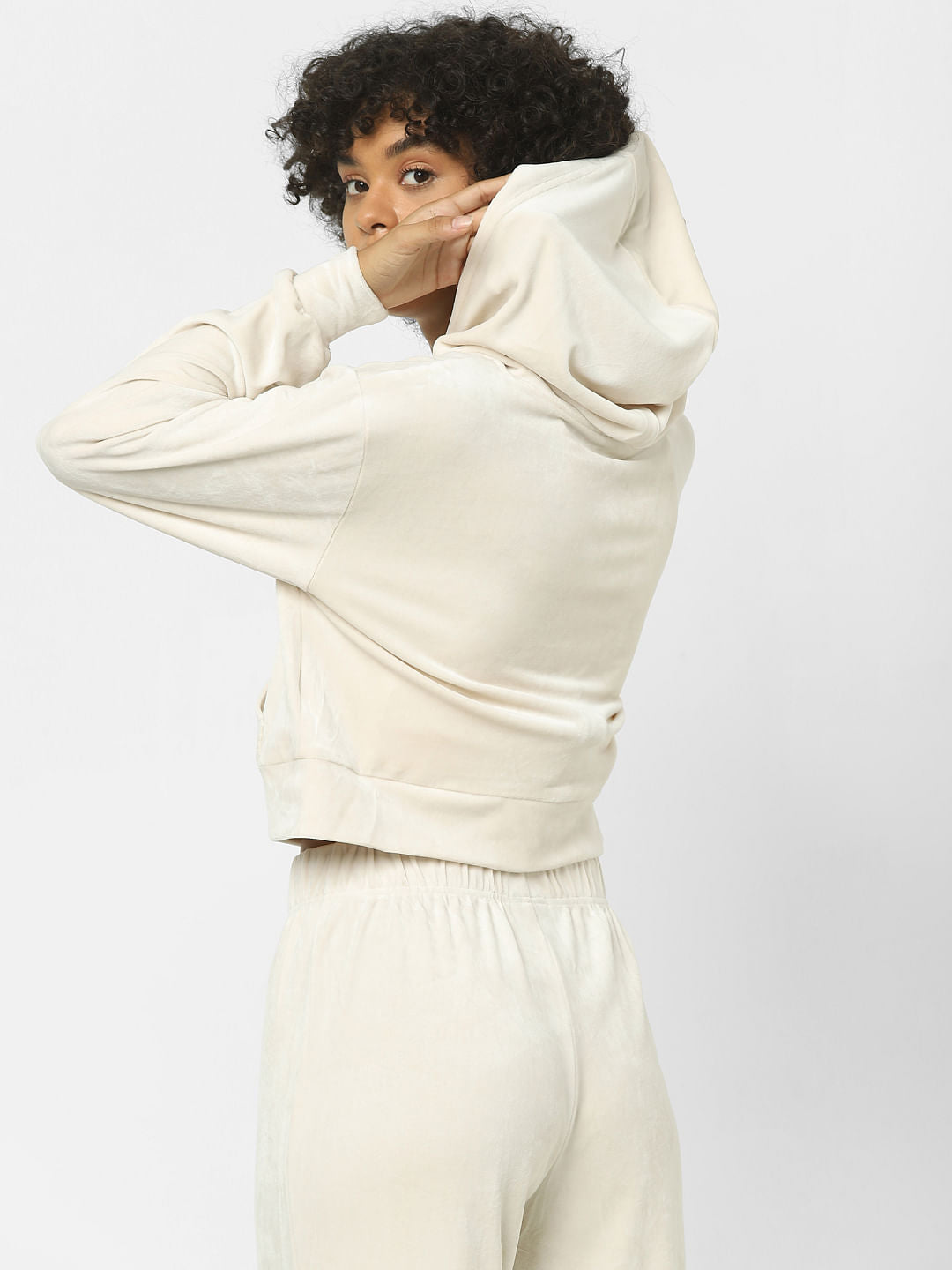 Beige Velour Co-Ord Hoodie