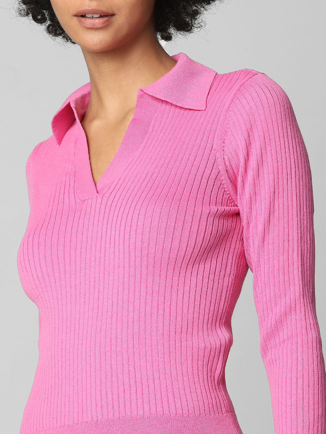Pink Ribbed Polo Pullover