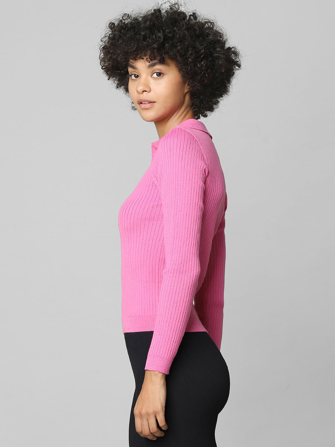 Pink Ribbed Polo Pullover