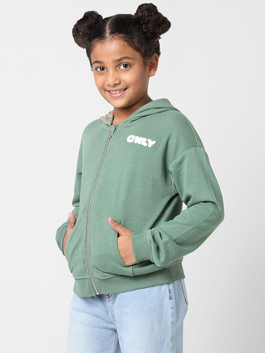 Girls Green Hooded Zip-Up Sweatshirt
