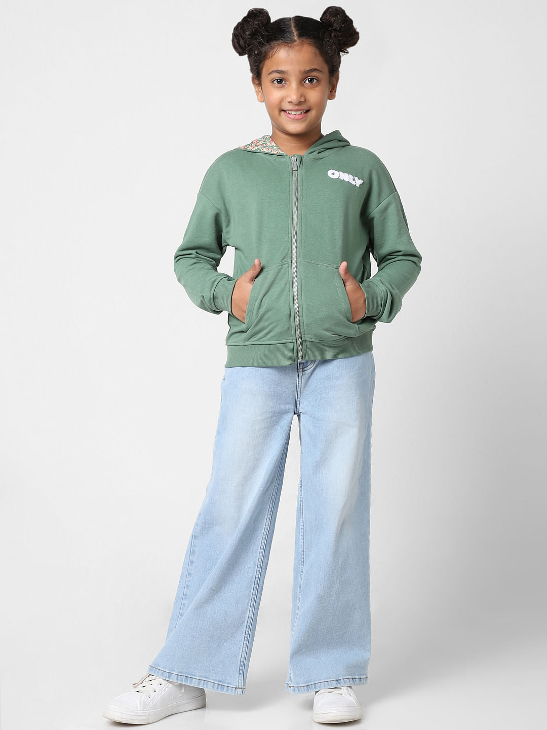 Girls Green Hooded Zip-Up Sweatshirt