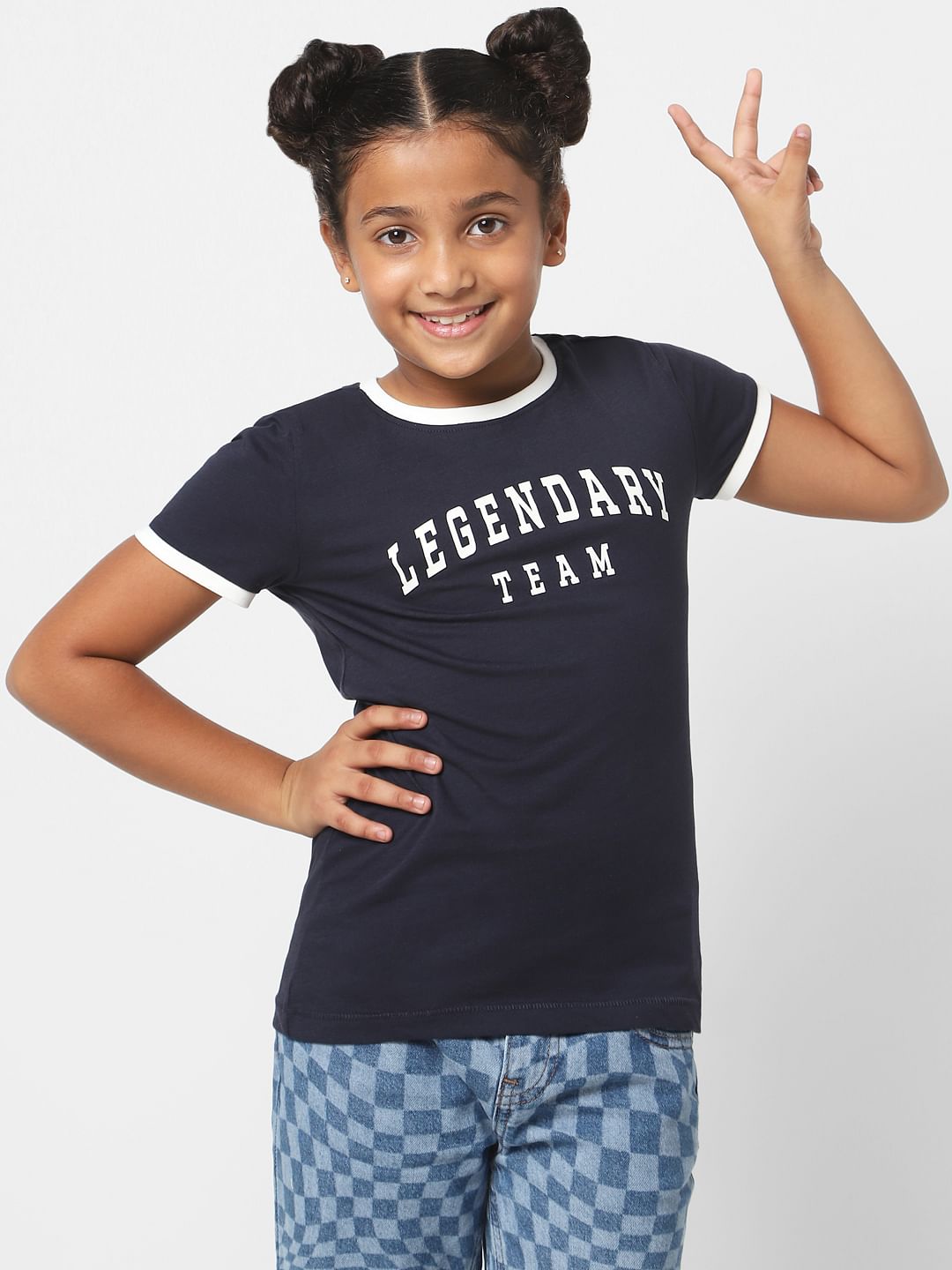 Girls Navy Blue Printed T-Shirt