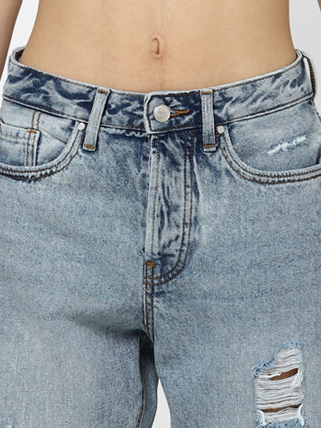 Blue High Rise Distressed Straight Jeans