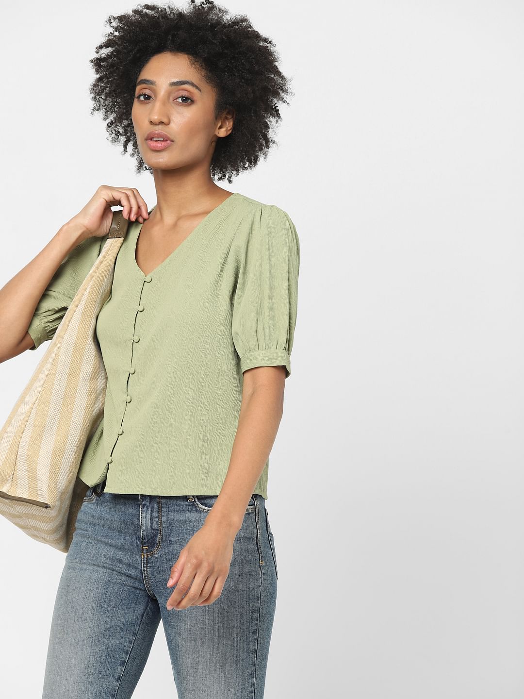 Green Puff Sleeves Top