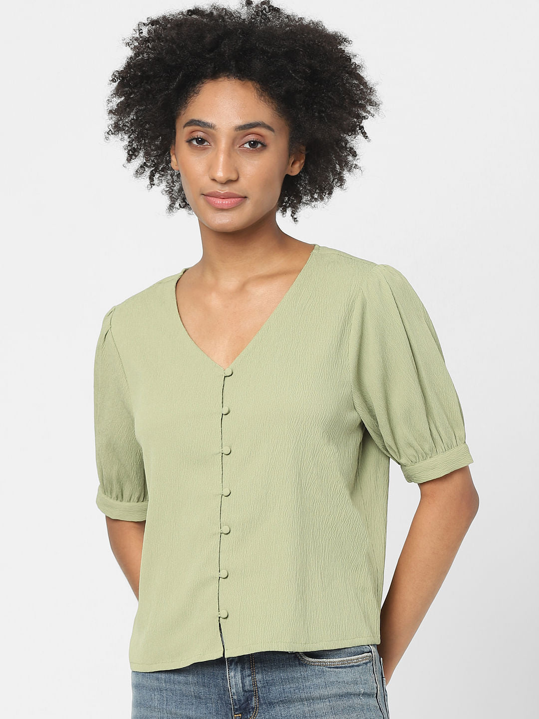 Green Puff Sleeves Top