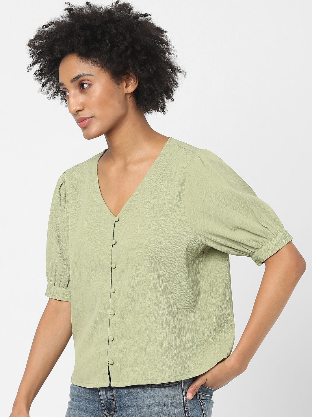 Green Puff Sleeves Top