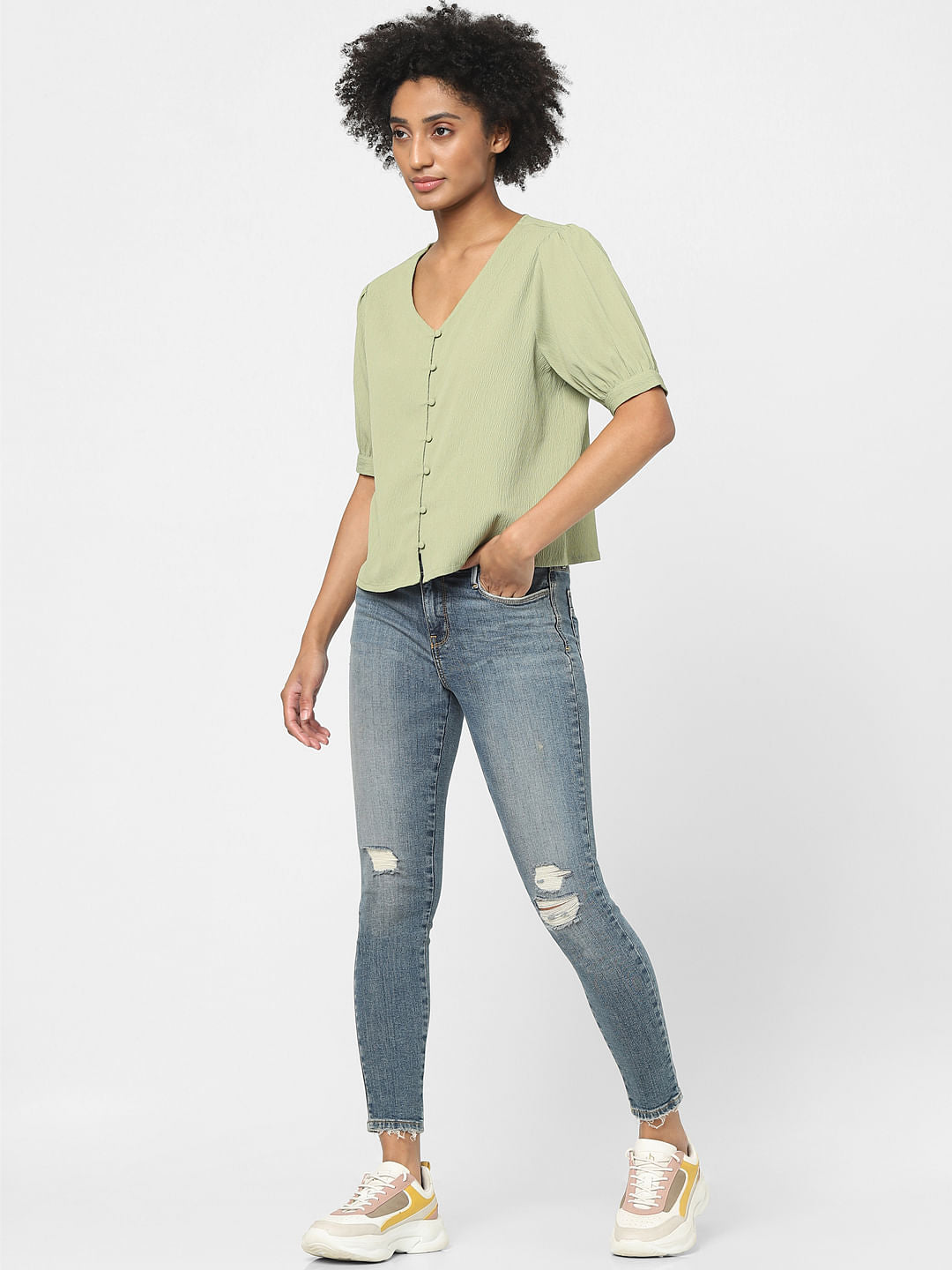 Green Puff Sleeves Top