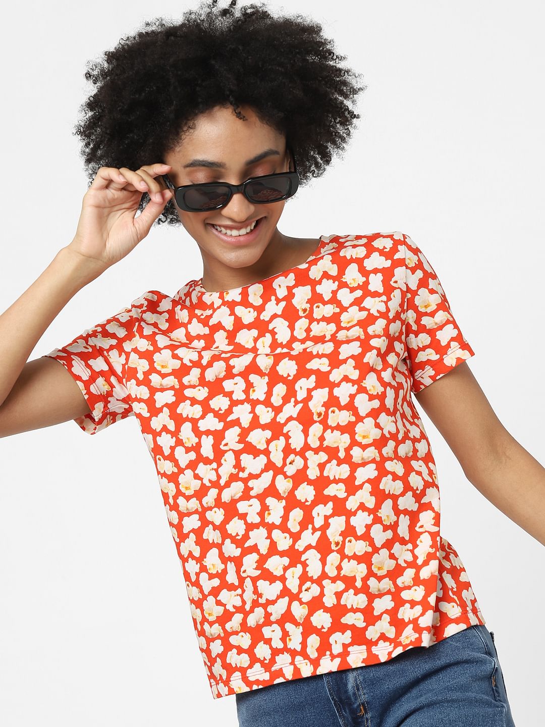 Orange Floral Print T-Shirt