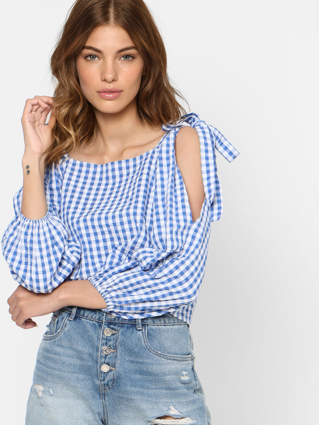White Check Shoulder Tie Top