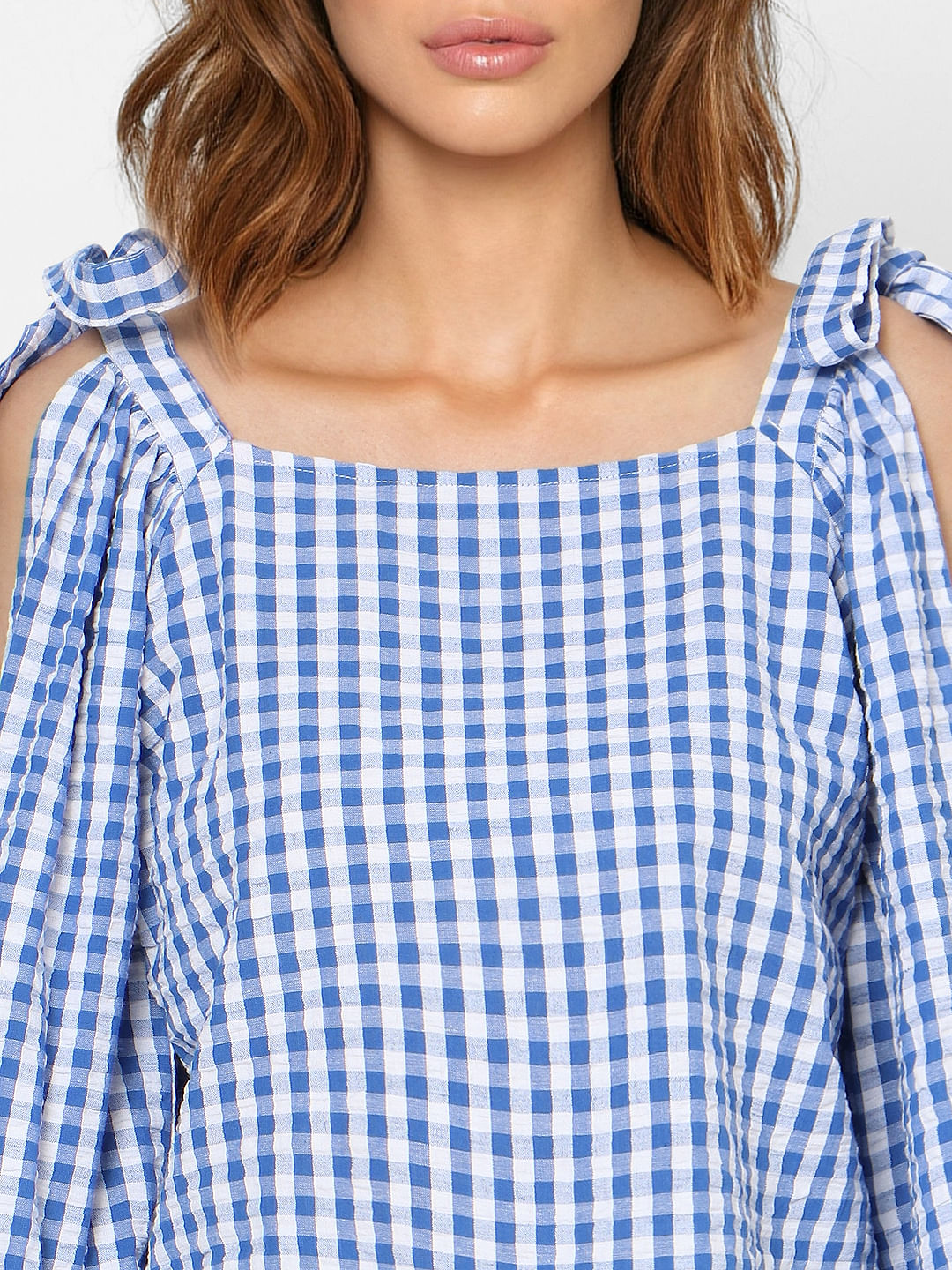 White Check Shoulder Tie Top