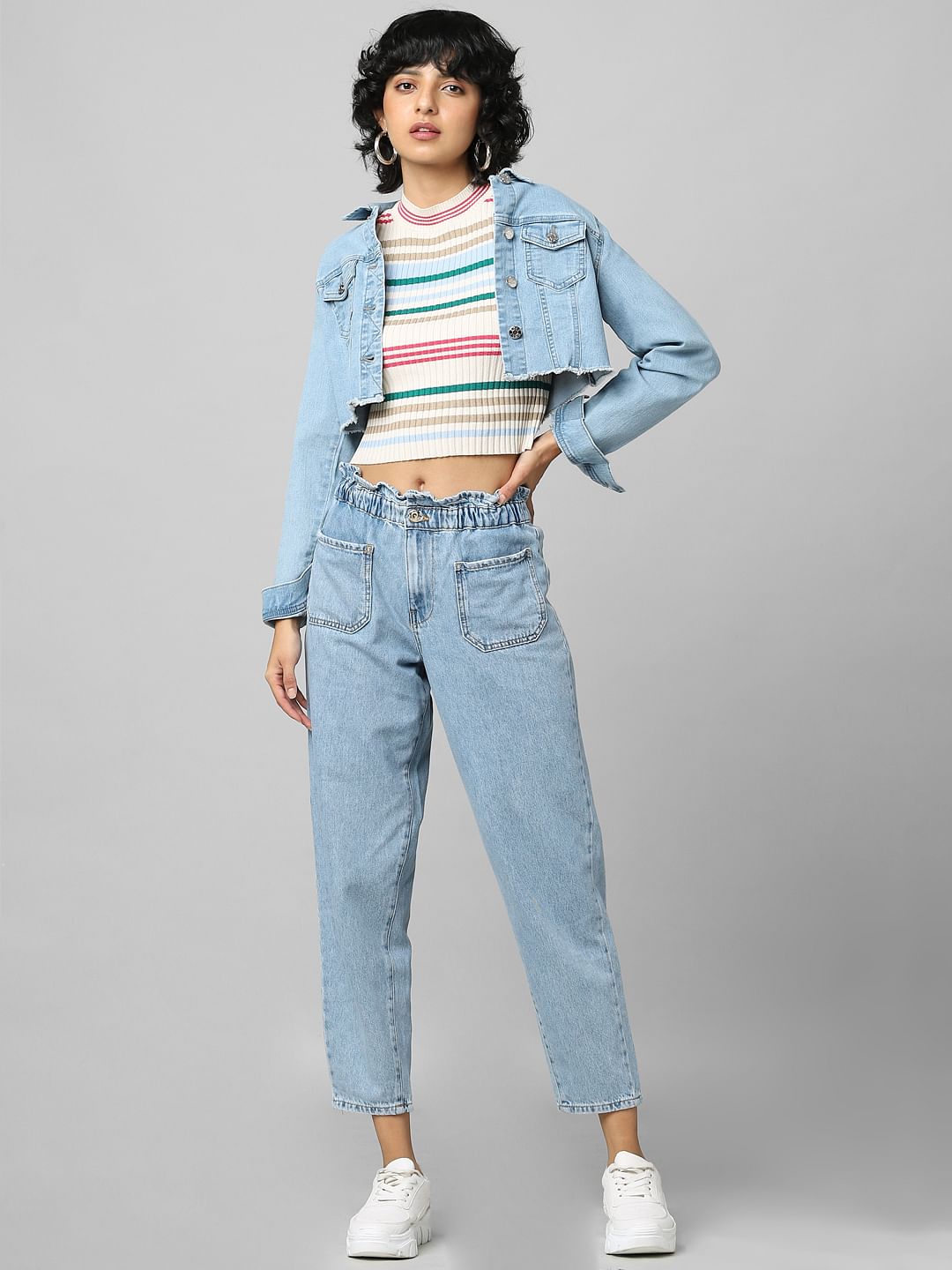 Blue High Rise Paperbag Waist Jeans