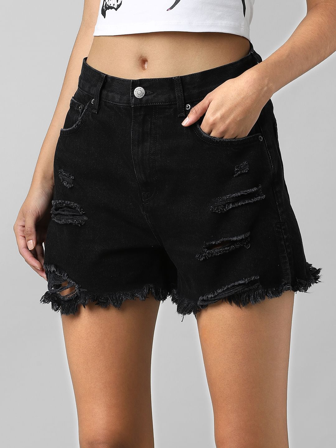 Black High Rise Distressed Denim Shorts