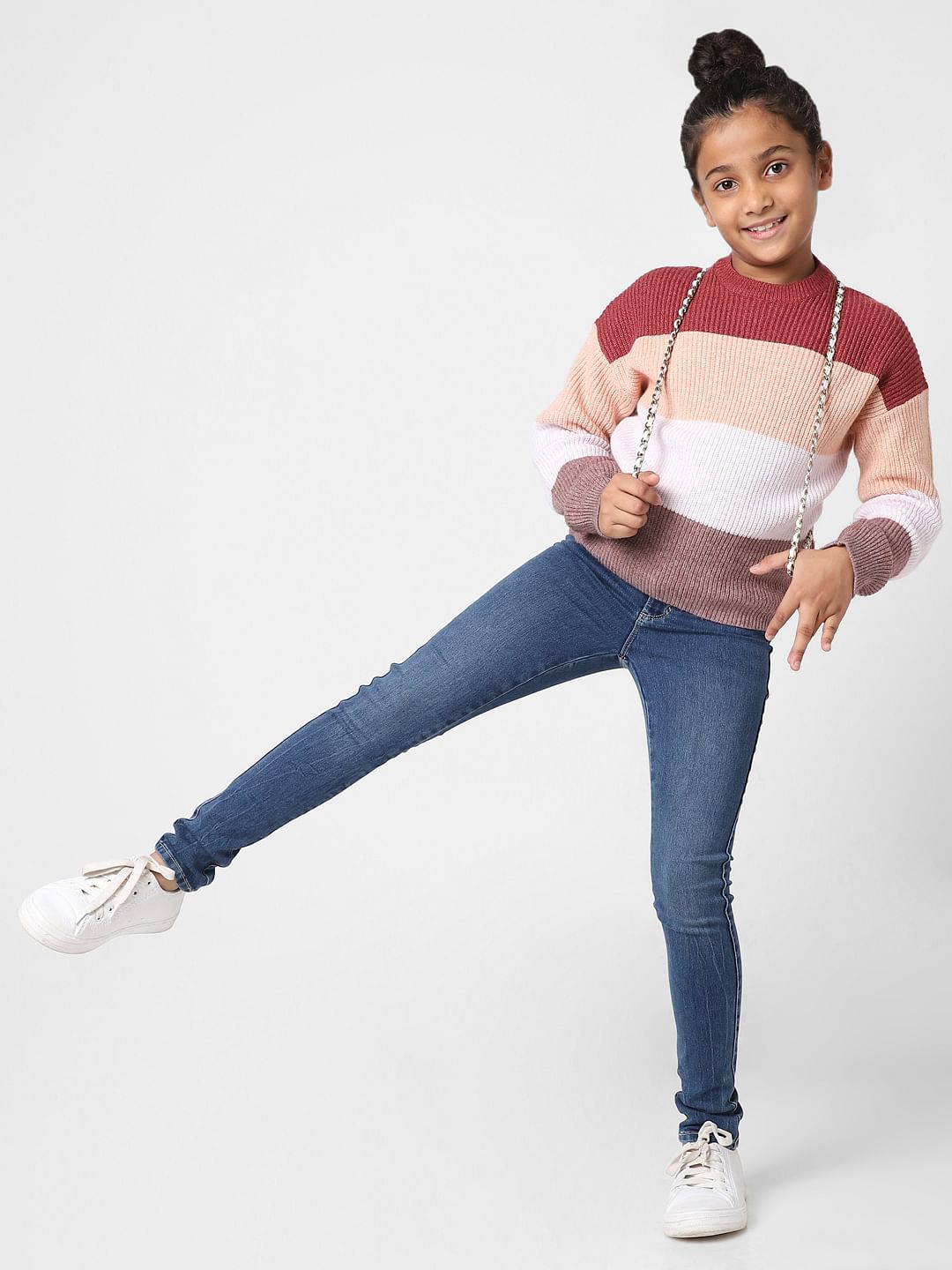 Girls Maroon Colourblocked Pullover