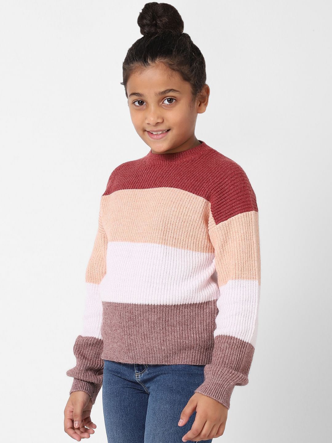 Girls Maroon Colourblocked Pullover