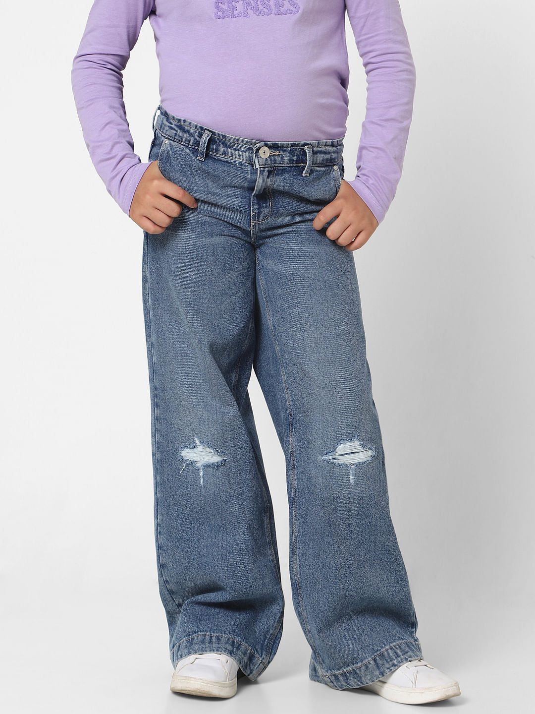 Girls Blue High Rise Wide Leg Jeans