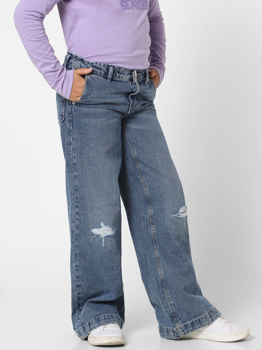 Girls Blue High Rise Wide Leg Jeans