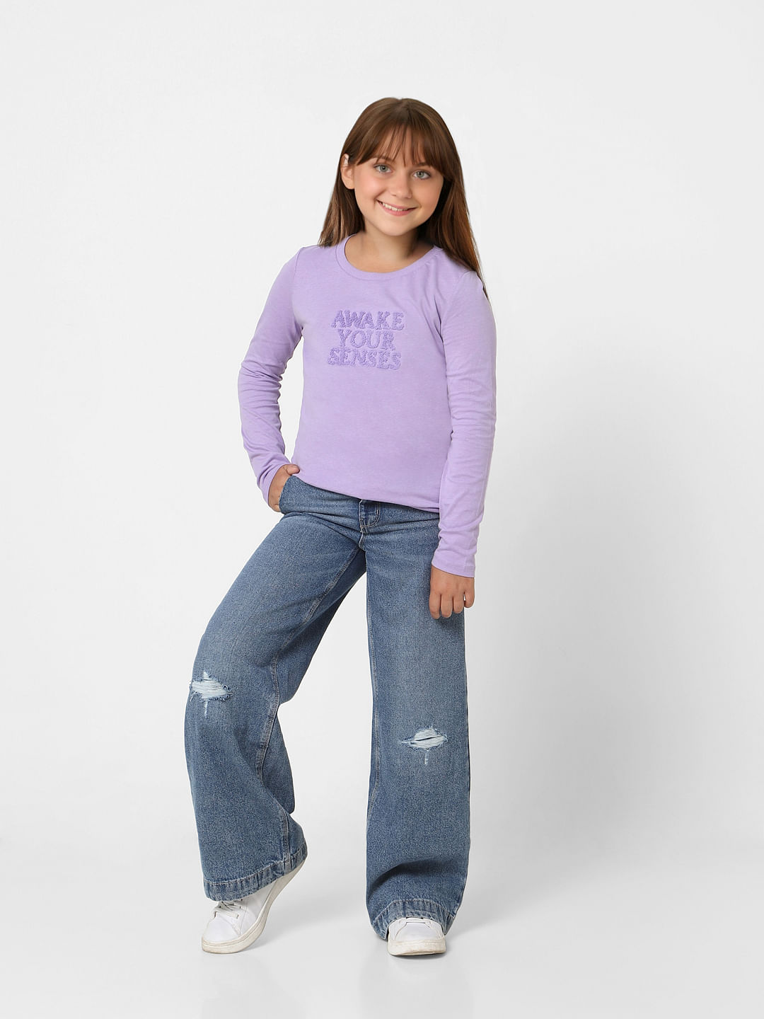 Girls Blue High Rise Wide Leg Jeans