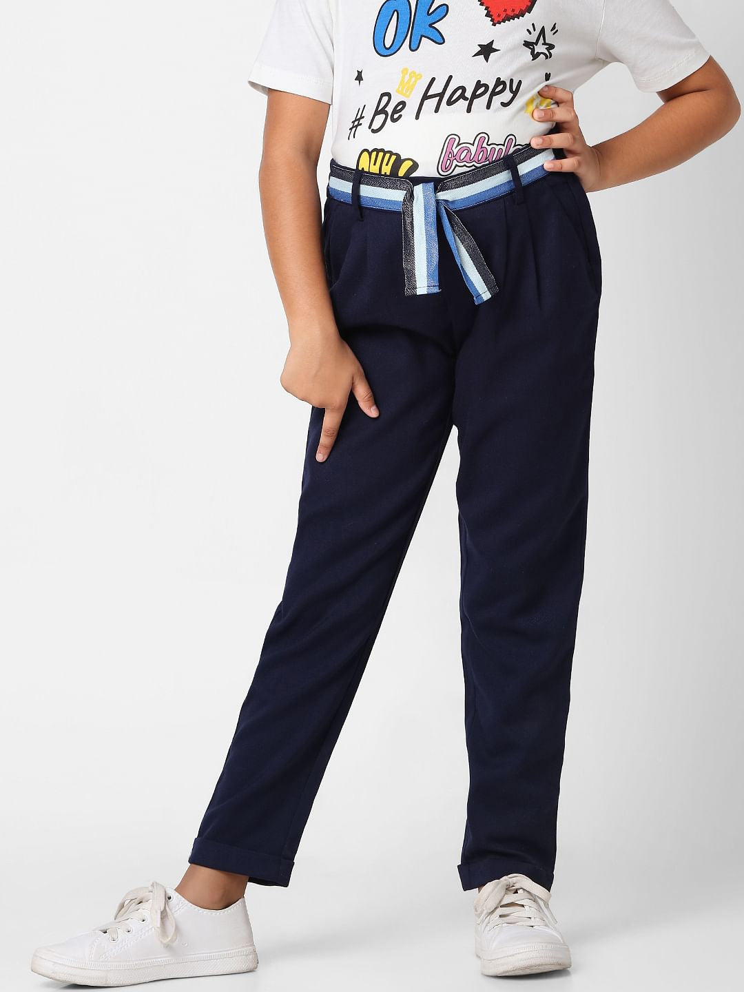 Girls Navy Blue High Rise Tailored Pants