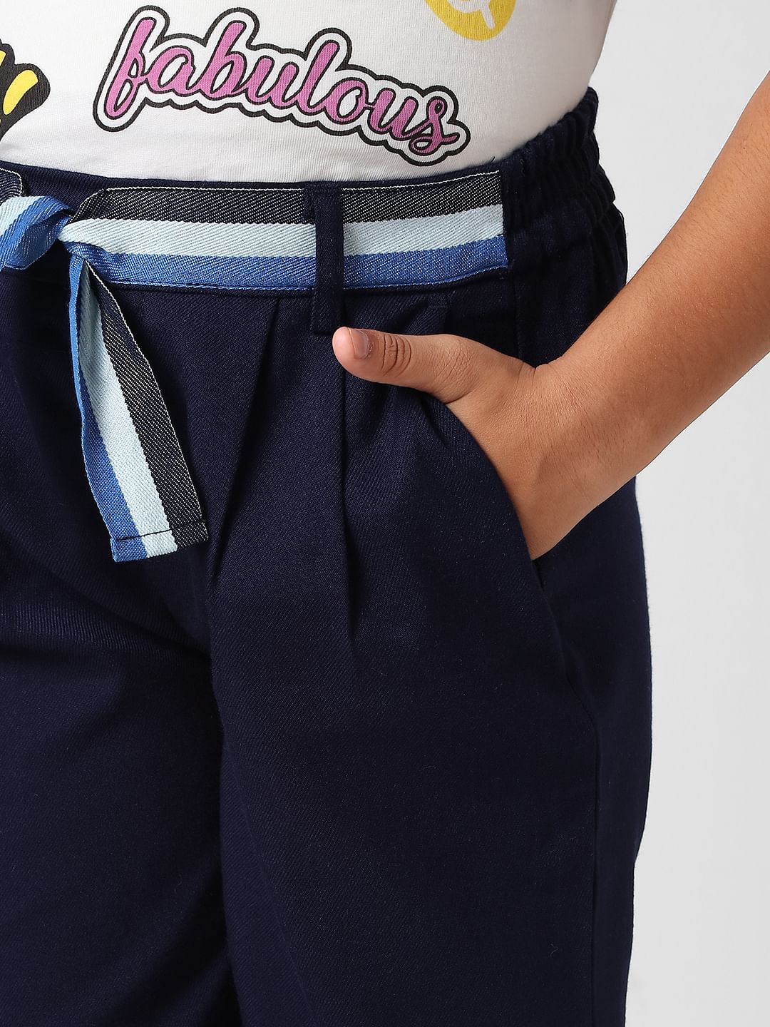 Girls Navy Blue High Rise Tailored Pants