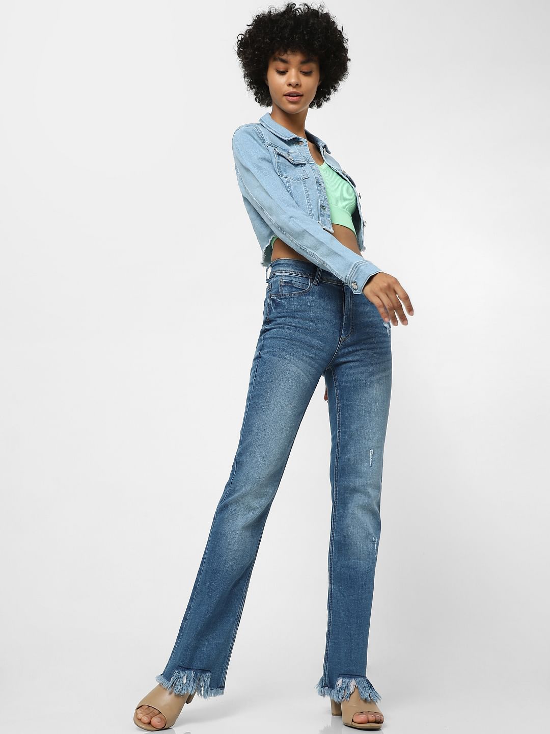 Blue High Waist Raw Edge Flared Jeans