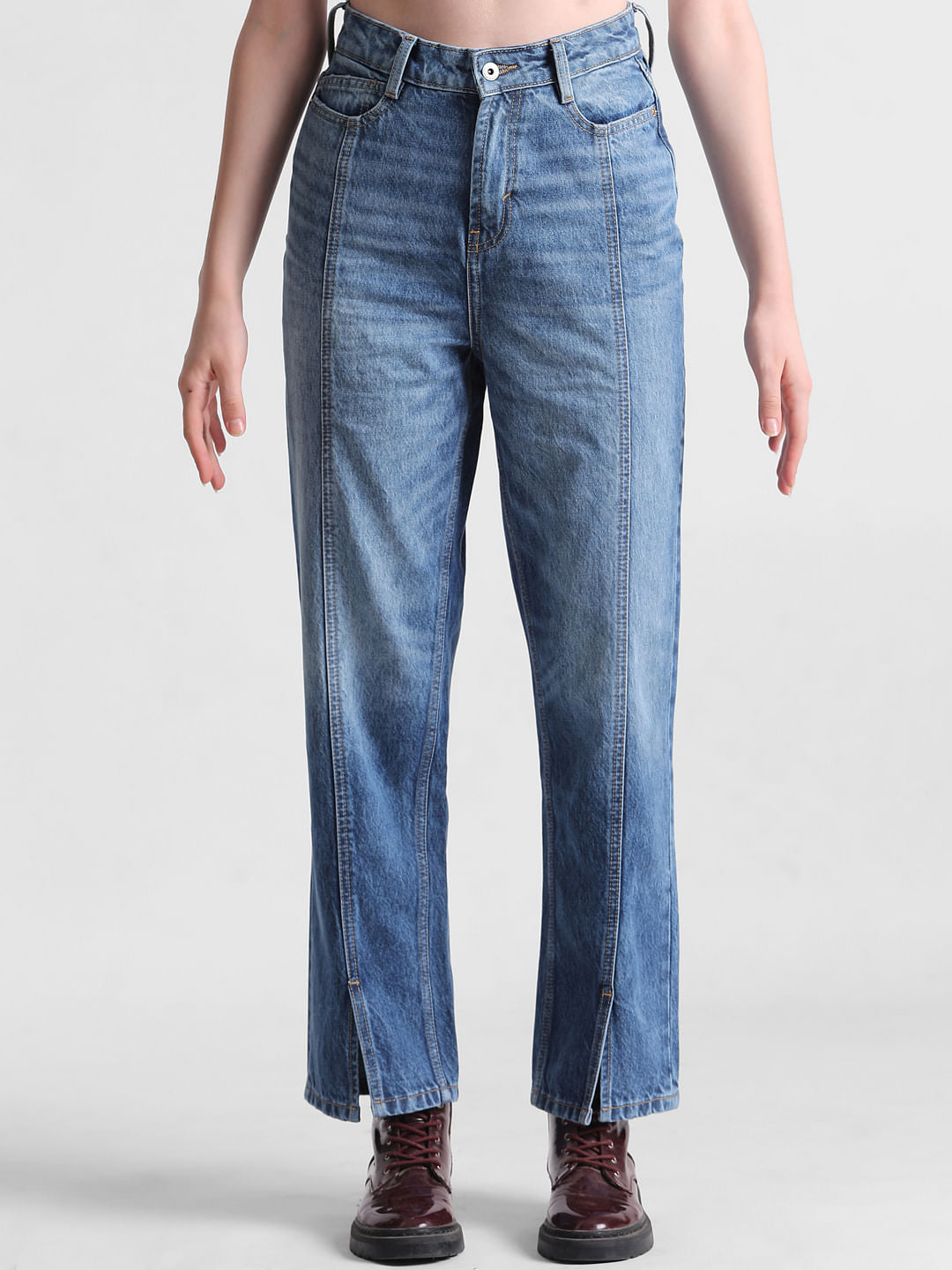 Blue High Rise Slit Straight Fit Jeans