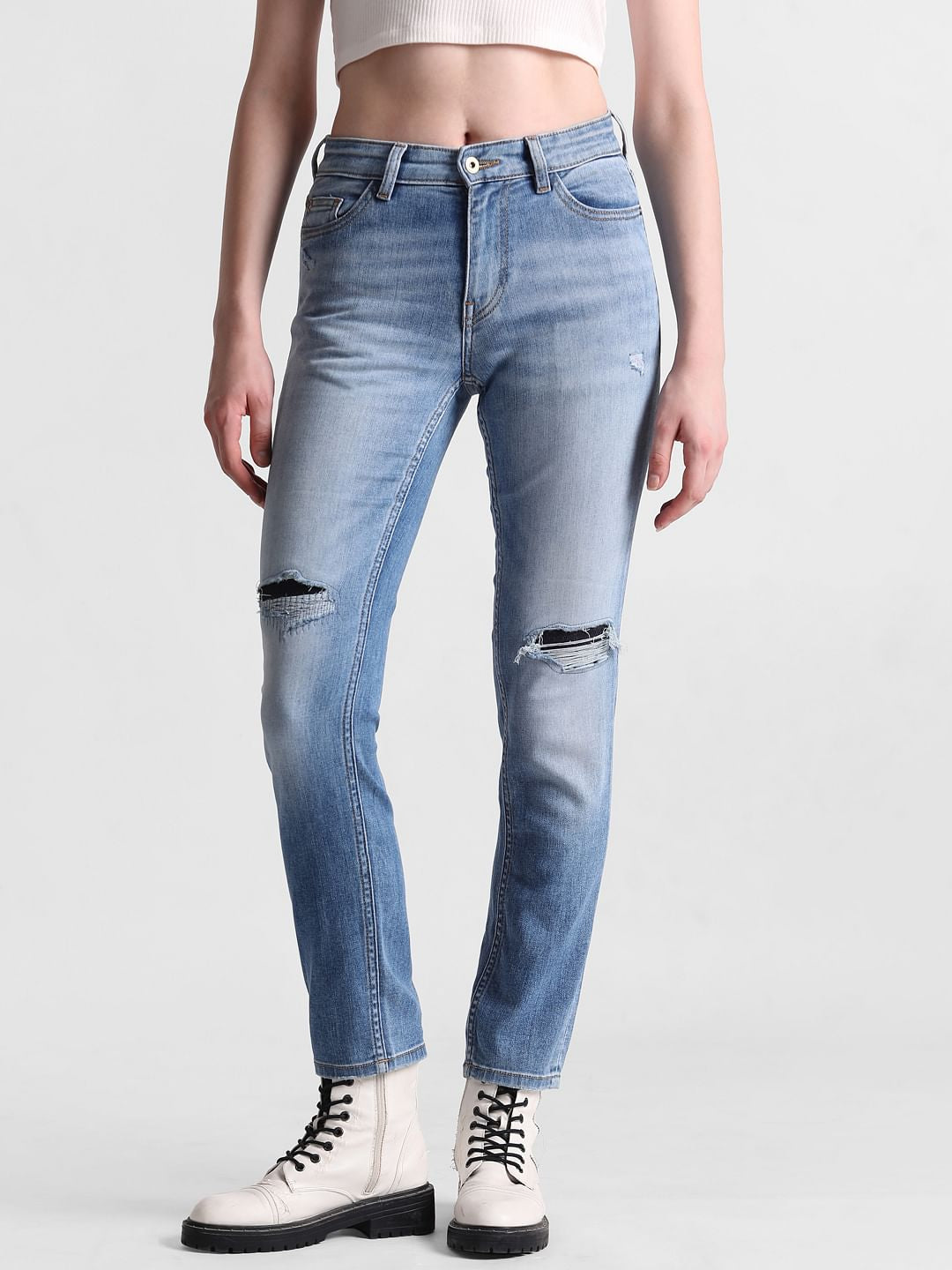 Light Blue High Rise Distressed Slim Fit Jeans