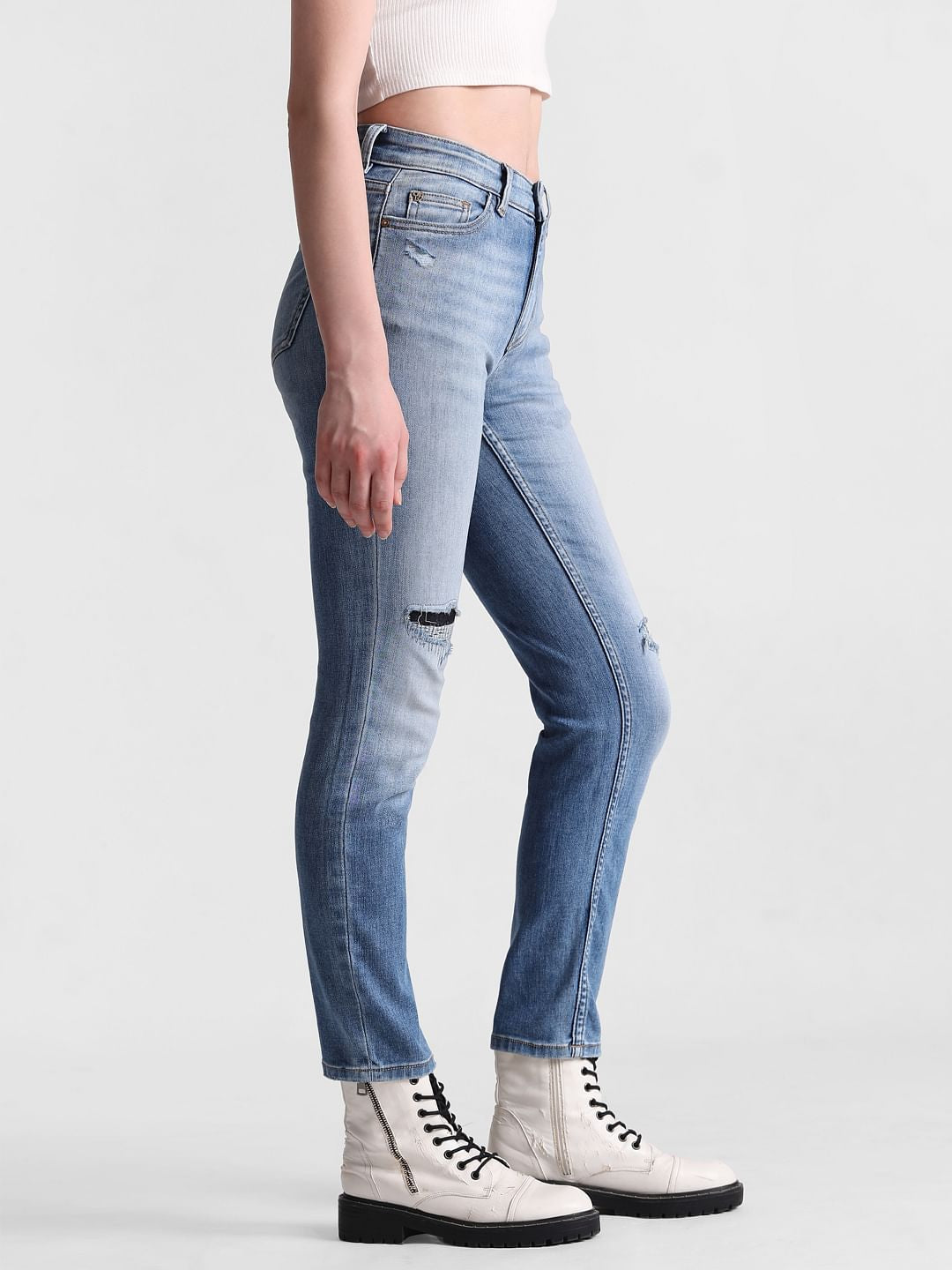 Light Blue High Rise Distressed Slim Fit Jeans