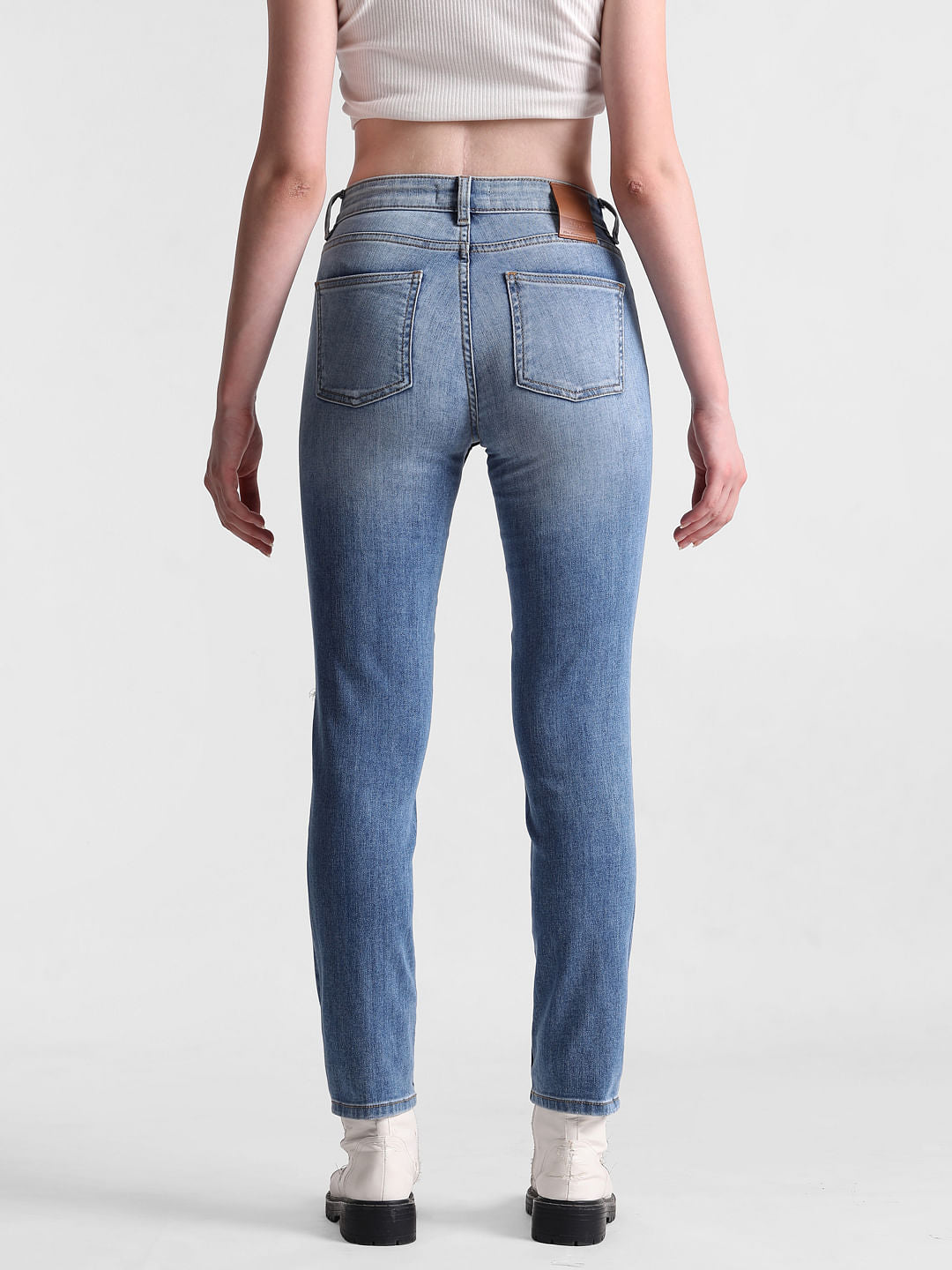 Light Blue High Rise Distressed Slim Fit Jeans