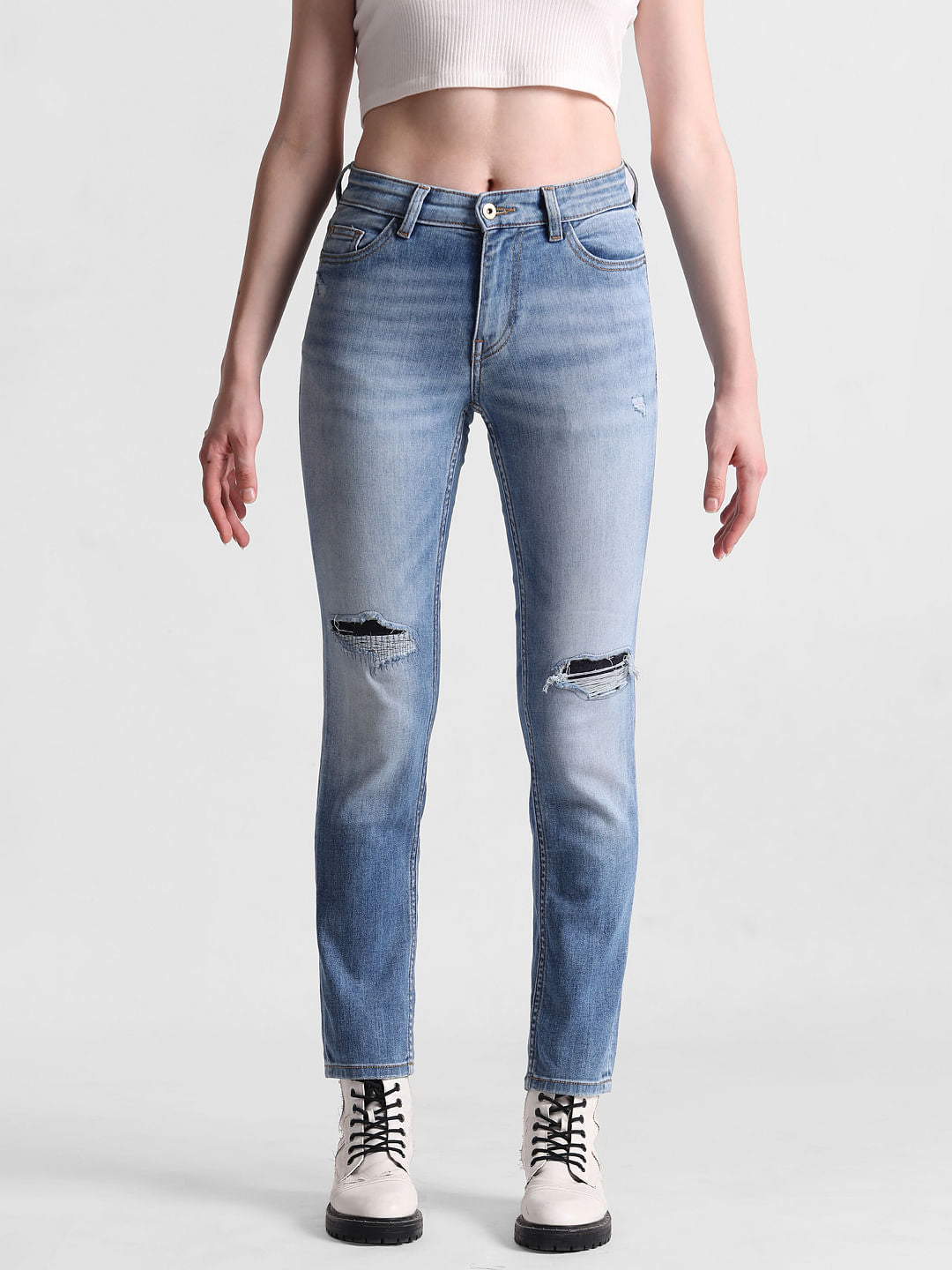 Light Blue High Rise Distressed Slim Fit Jeans