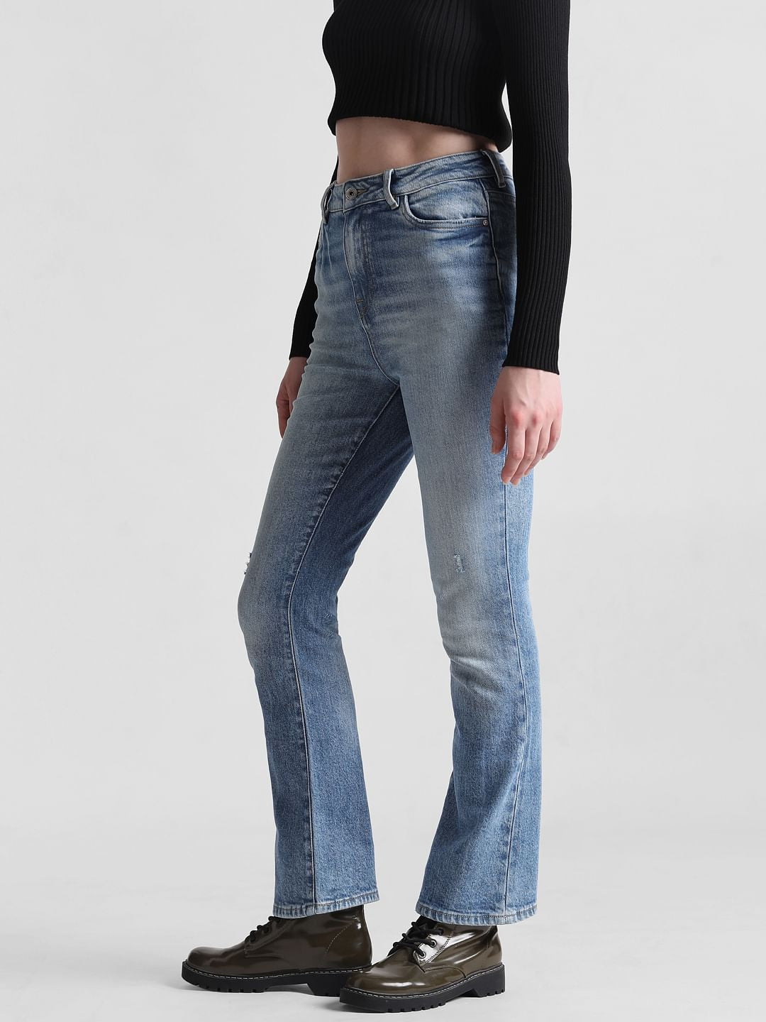 Blue High Rise Distressed Hella Flared Jeans