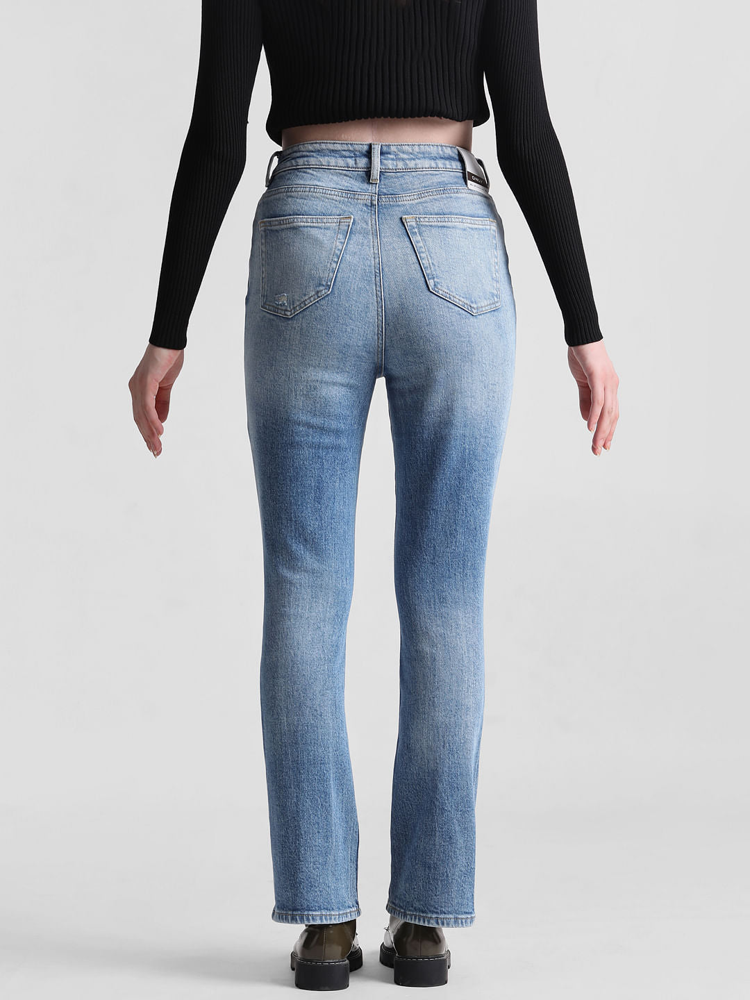 Blue High Rise Distressed Hella Flared Jeans