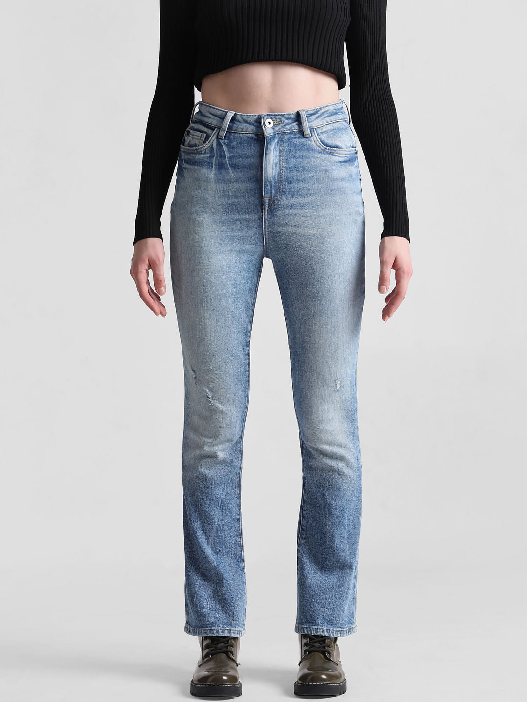 Blue High Rise Distressed Hella Flared Jeans