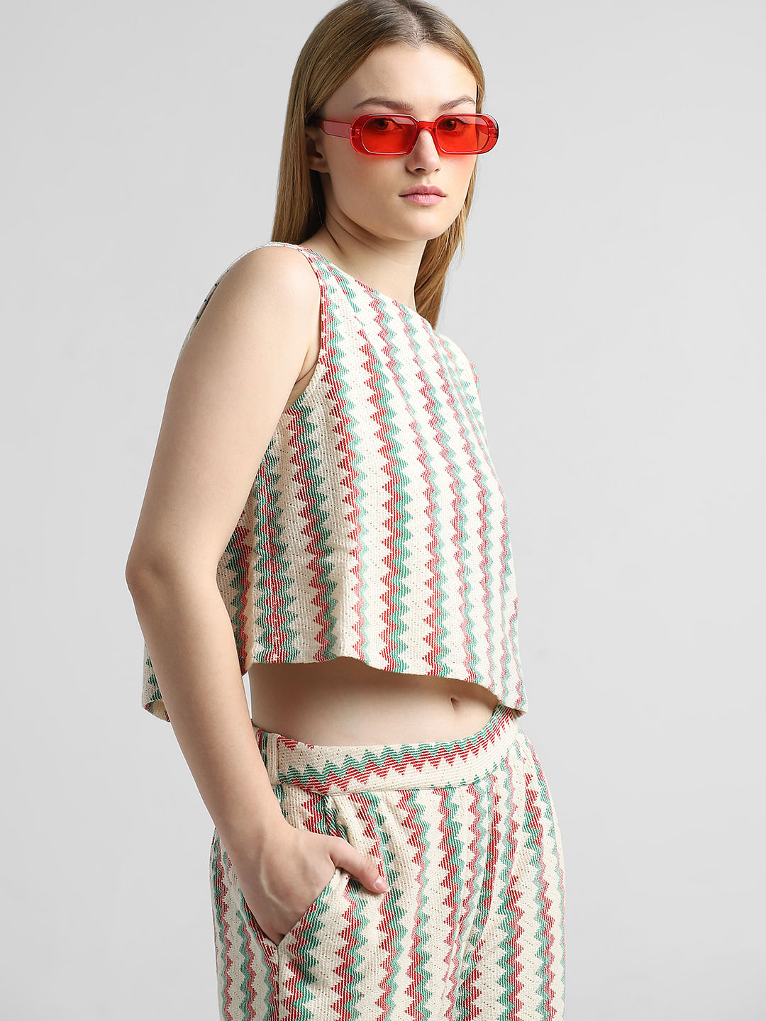 Green Textured Weave Striped Top