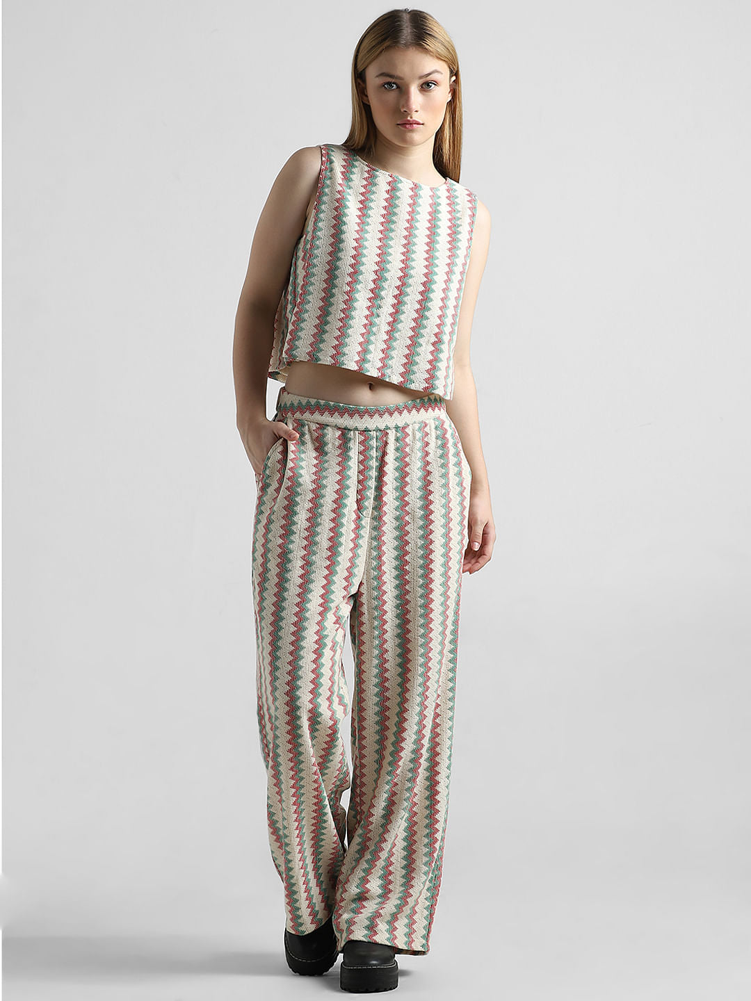 Green Textured Weave Striped Top