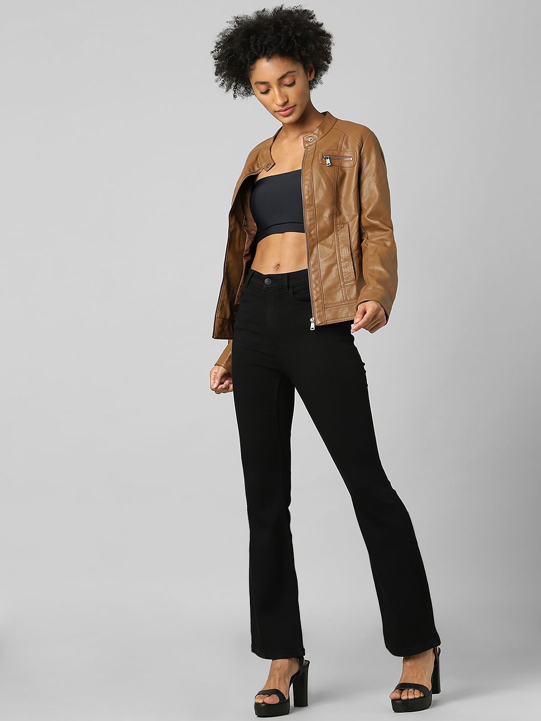 Brown Faux Leather Biker Jacket