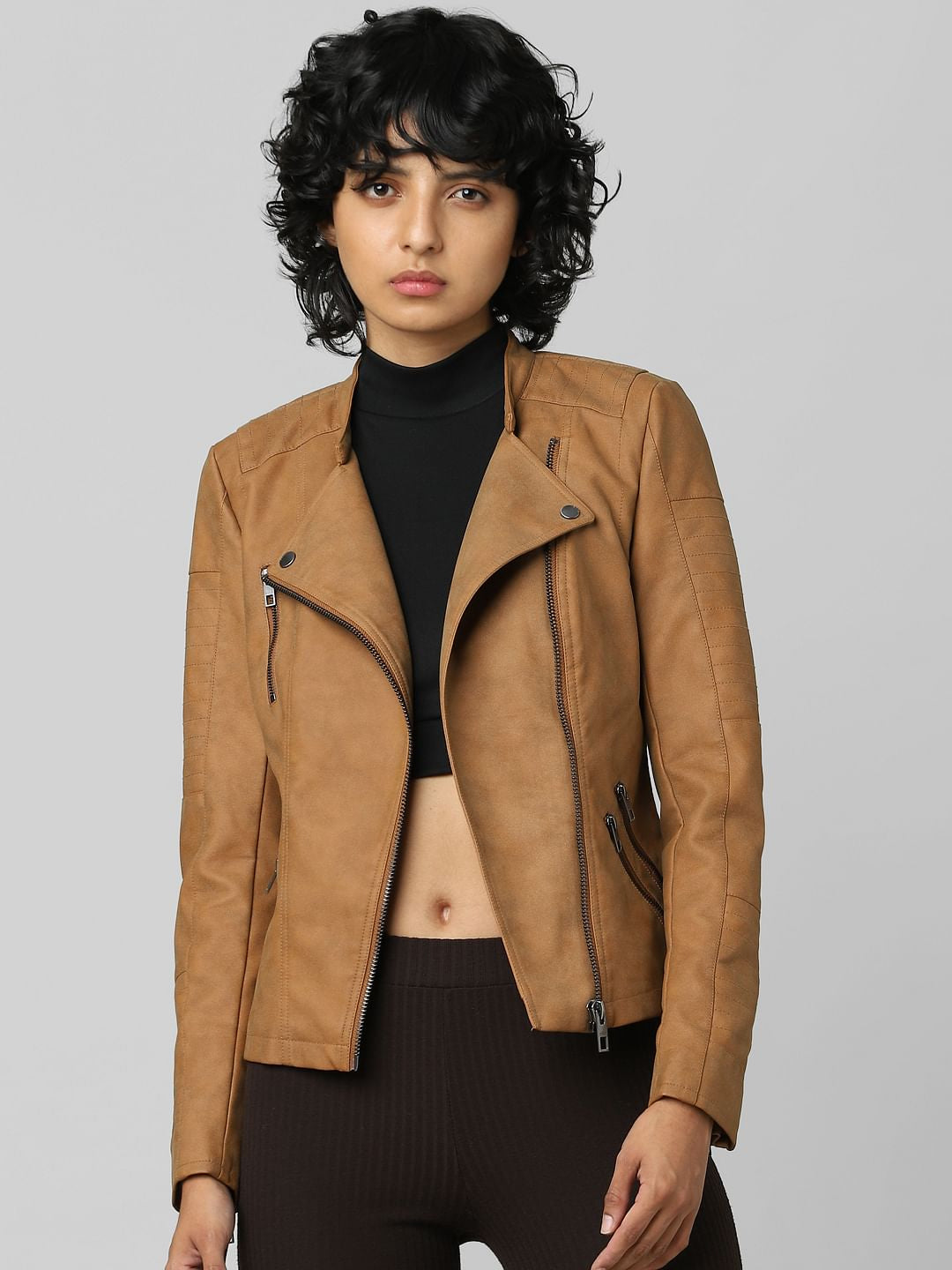 Brown Faux Leather Biker Jacket