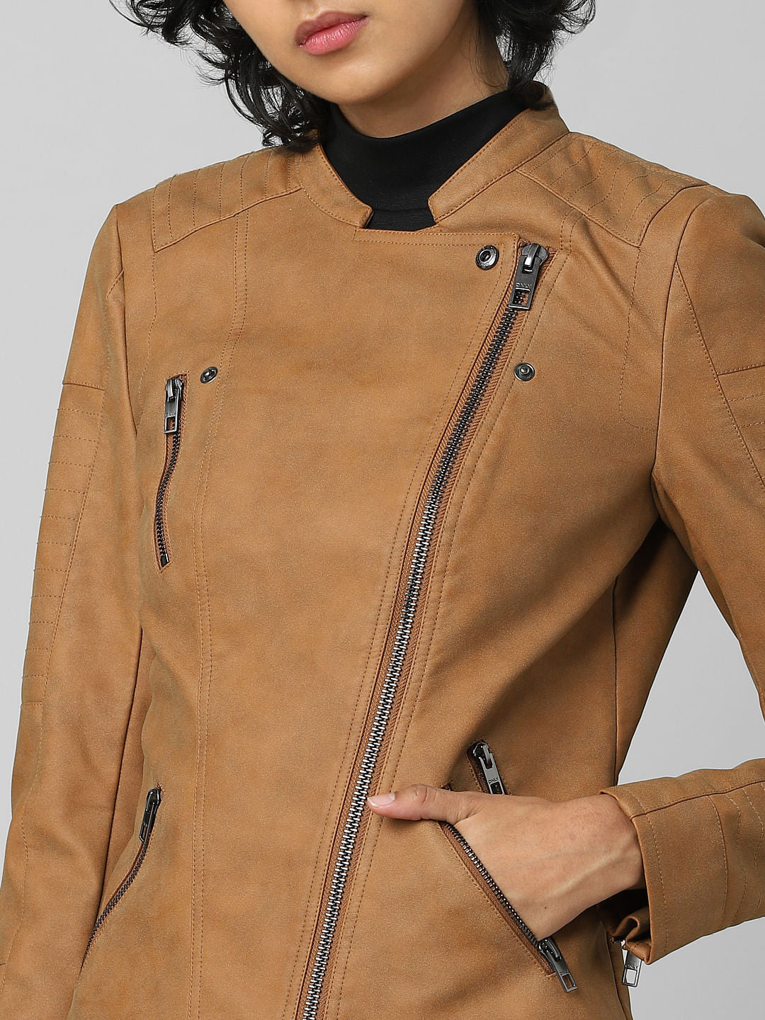 Brown Faux Leather Biker Jacket