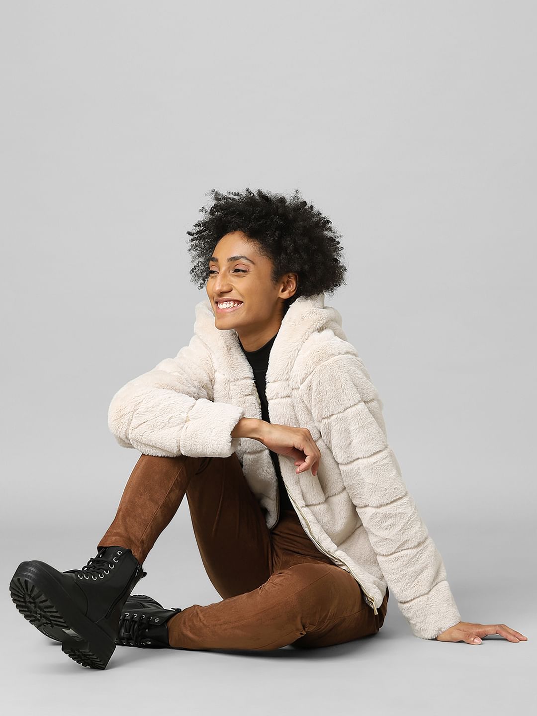 Beige Faux Fur Hooded Jacket