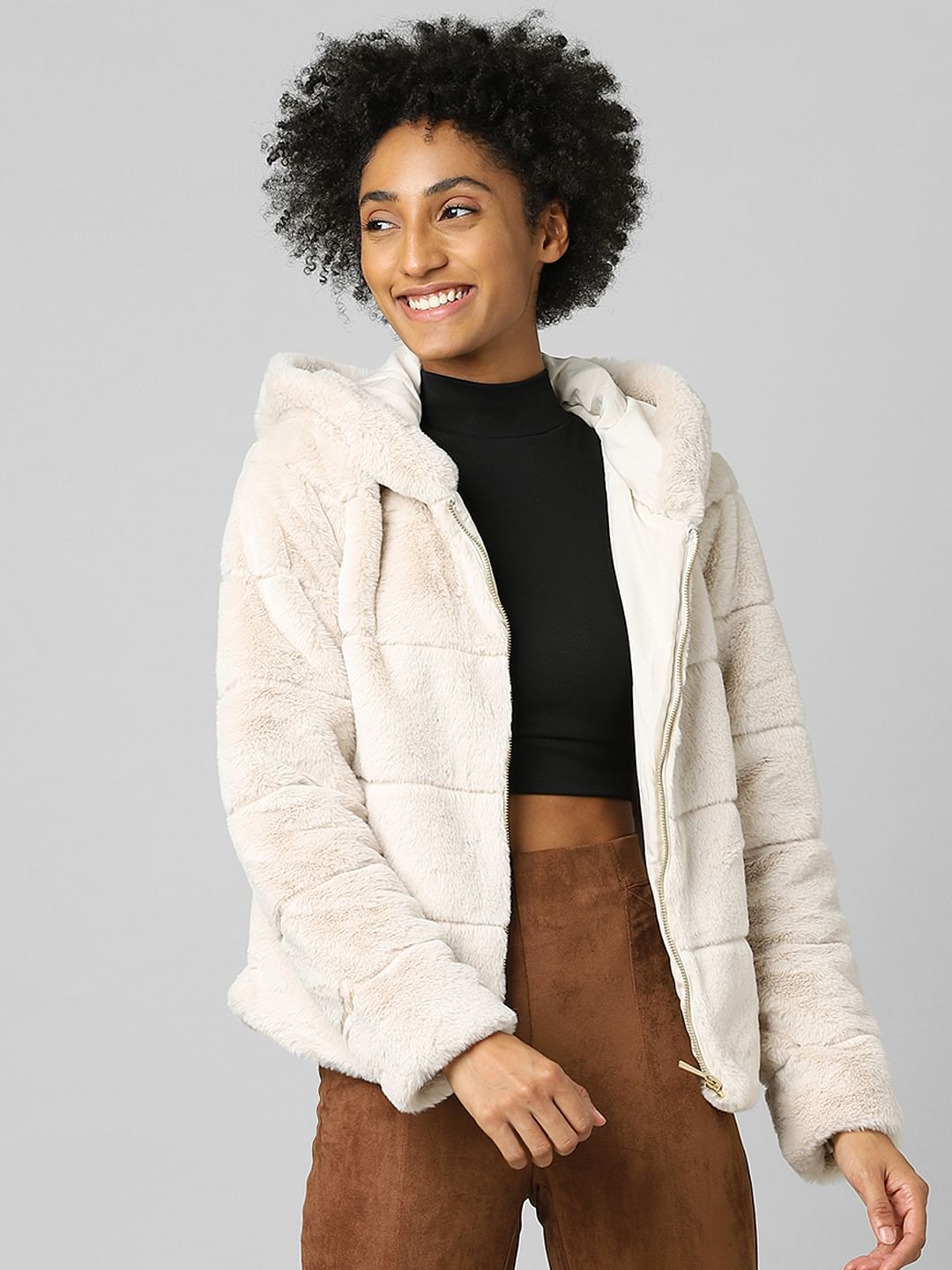 Beige Faux Fur Hooded Jacket