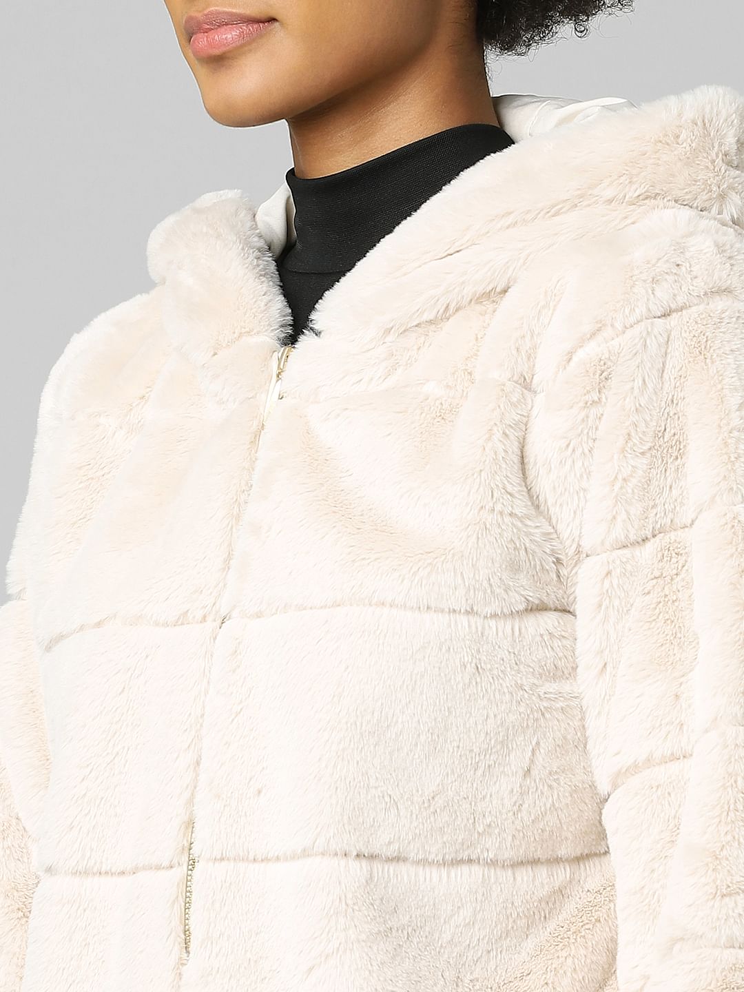 Beige Faux Fur Hooded Jacket